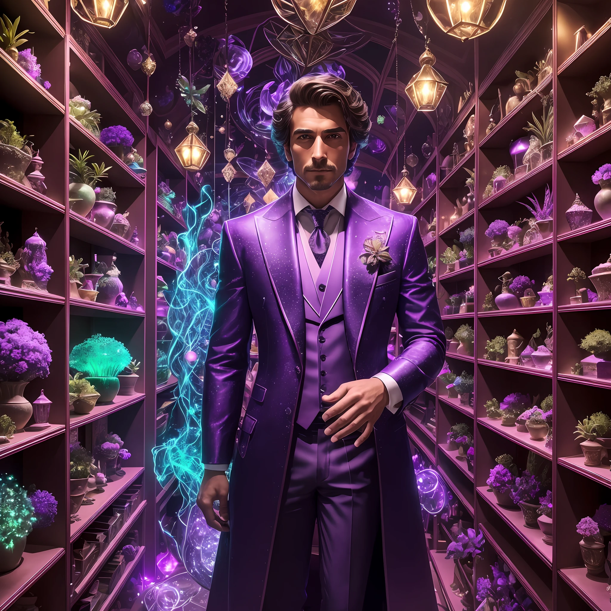 It generates the image of a man, the clerk of a magical store. in the realistic style. The focus of the image is a massive diamond that is inside the store at a central point. The store resembles an antique shop due to the items it has there. The magical objects, lush plants and the enigmatic atmosphere should create a sense of fascination and curiosity. Man, with his striking and enigmatic appearance, must be portrayed in detail, conveying wisdom and mystery. The store is full of magical and enchanted objects. On the shelves, crystals glow with a mesmerizing light, emitting a vibrant energy. Exotic and lush plants spread throughout the environment, with vibrant green leaves and dazzling flowers that seem to exude magic. The man wears decent, appropriate, luxurious clothes. The store and its purple and green lights demonstrate that it is a magical store --auto --s2
