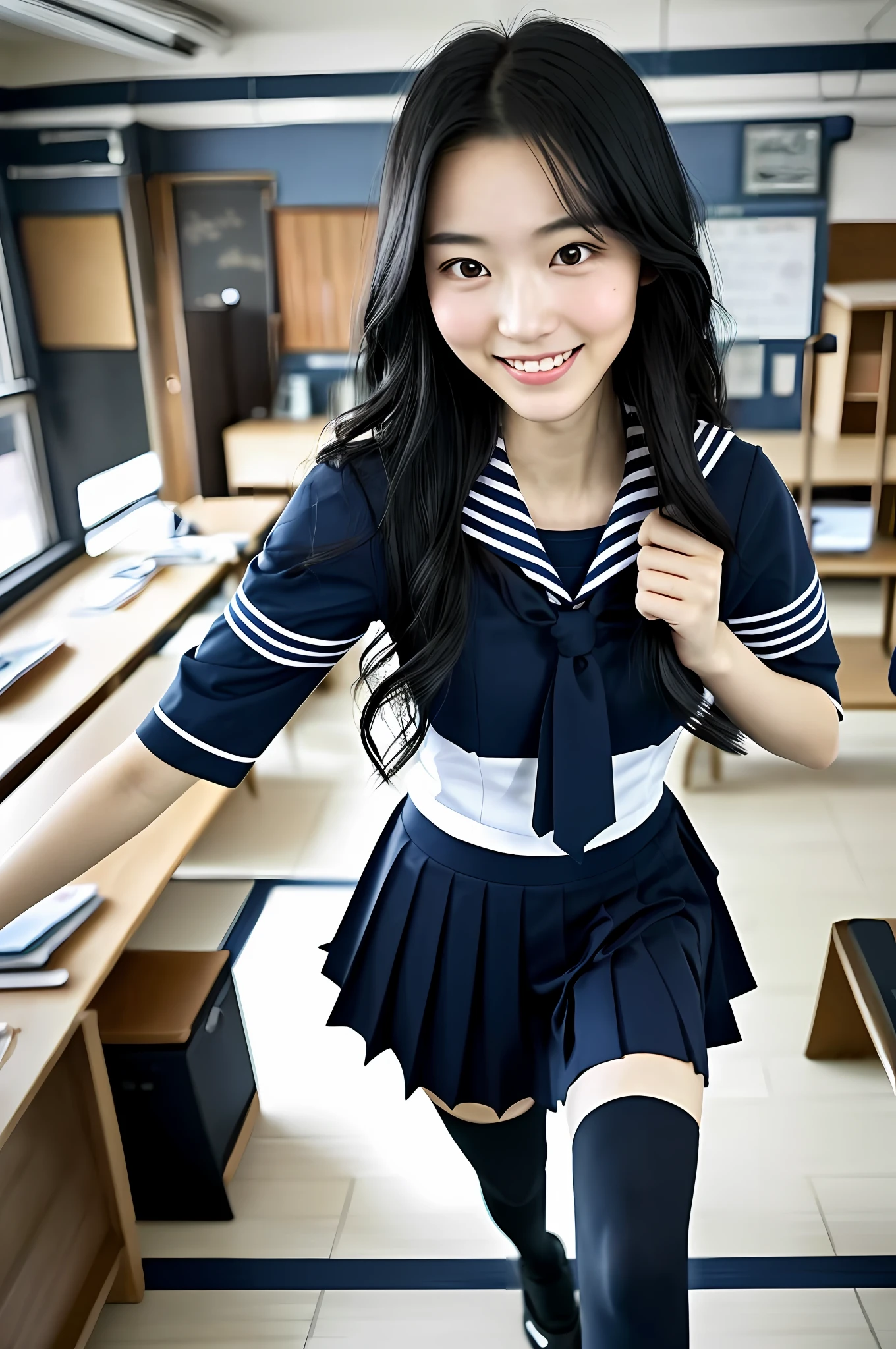 ((top quality, 8k, masterpiece: 1.3)), 1 24 year old Japan girl, beauty: 1.4, (black hair, big: 1.45), ultra detailed face, detailed eyes, toothy smile, high school girl uniform in sailor suit, navy blue skirt, red neckerchief, black tights, beautiful, attractive, extremely beautiful, black low pumps, around the face, disheveled hair, focus on the face, overhead view on the face, High kick above face, classroom, F1.0
