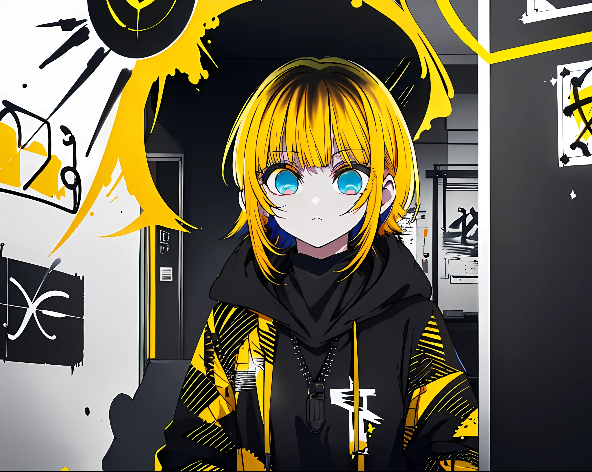 (best quality, masterpiece), (1girl, solo, black hood, standing, blue eyes, yellow hair, leaning, upper body), (less light, black yellow room, Yellow graffiti behind, disorderly spray cans),