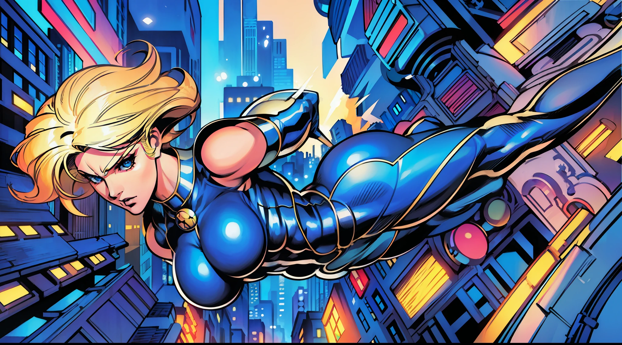 (a blonde heroine landing gracefully on a busy street:1.2), (high quality, super detailed, branded by Stan Lee, Jim Lee and Joe Bennet), trademark blue and white superhero costumes, (, a fearless look), with a modern city backdrop, (bustling streets, tall buildings, ).