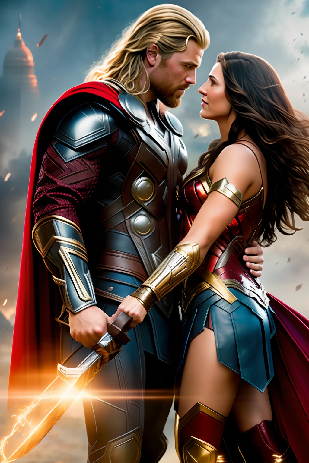 Marvel's Thor, kissing Wonder Woman. om many paper hearts around, ultra realistic image, detailed, the best possible rendering, depth of field to give realism