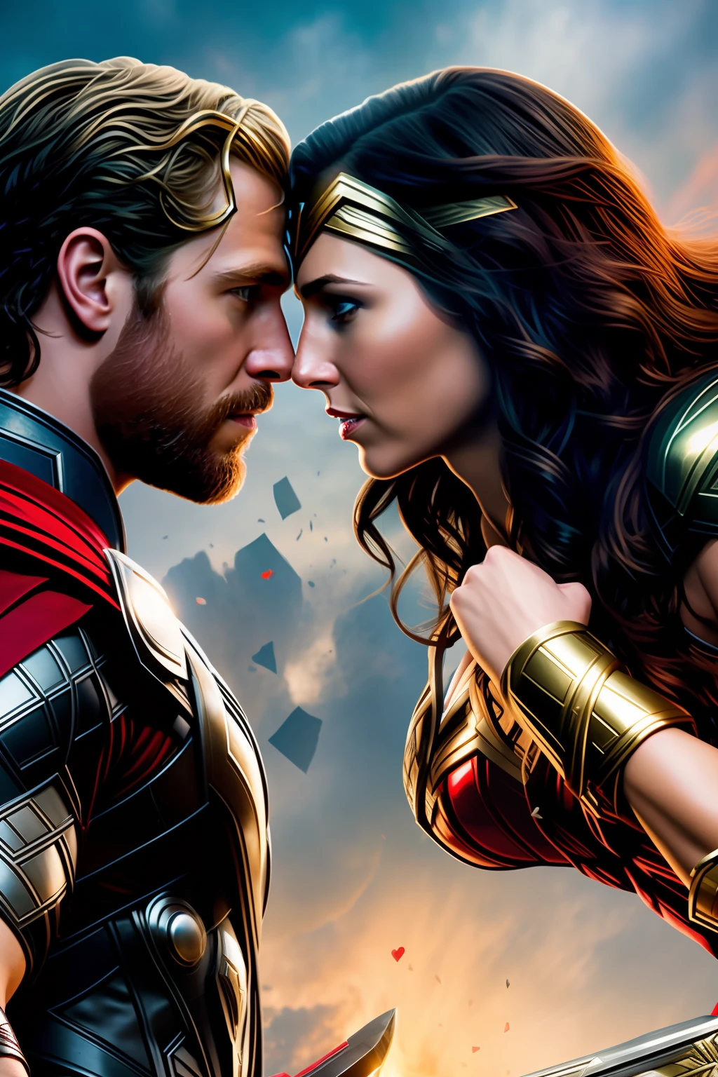 Marvel's Thor, kissing Wonder Woman. om many paper hearts around, ultra realistic image, detailed, the best possible rendering, depth of field to give realism