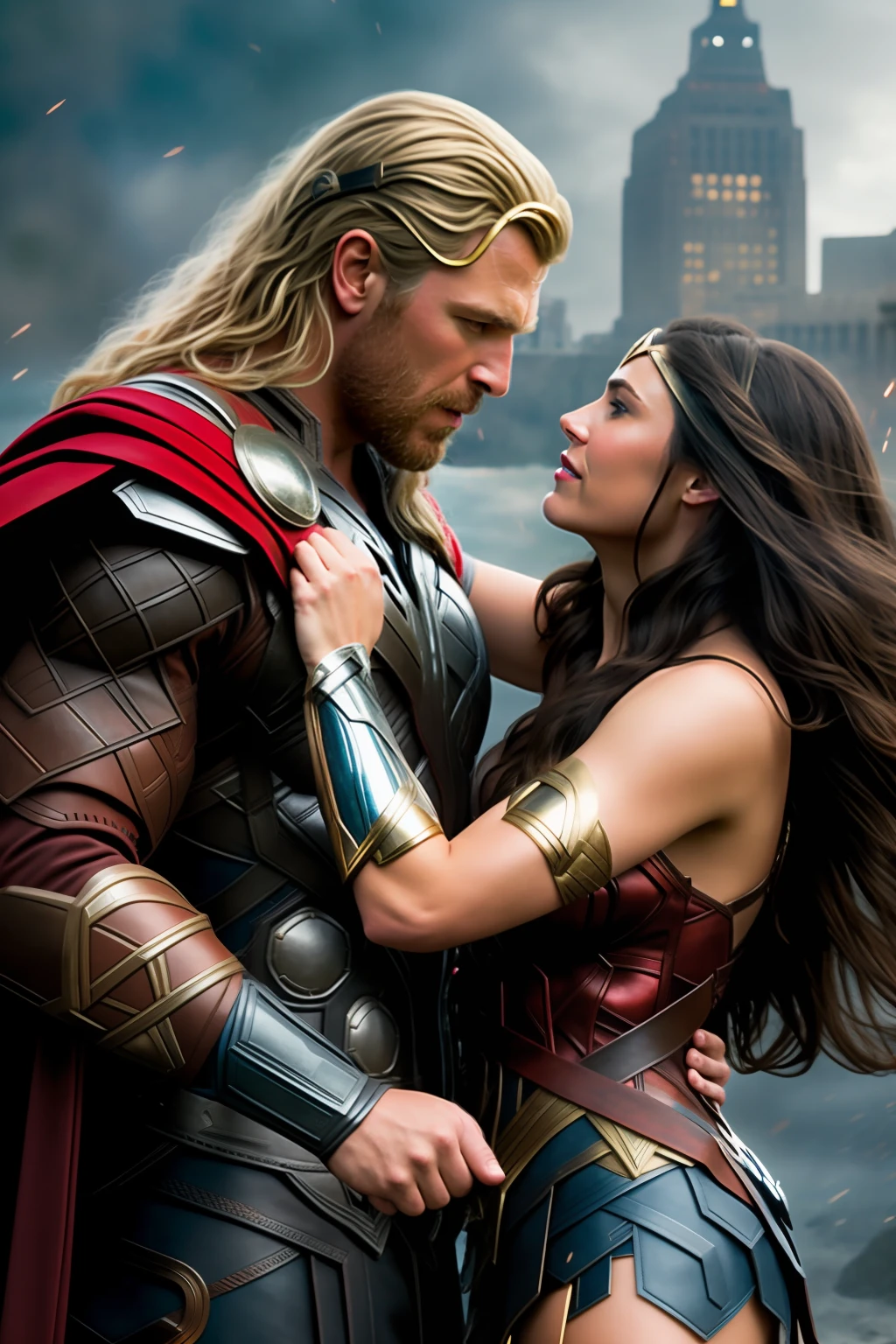 Marvel's Thor, kissing Wonder Woman. om many paper hearts around, ultra realistic image, detailed, the best possible rendering, depth of field to give realism