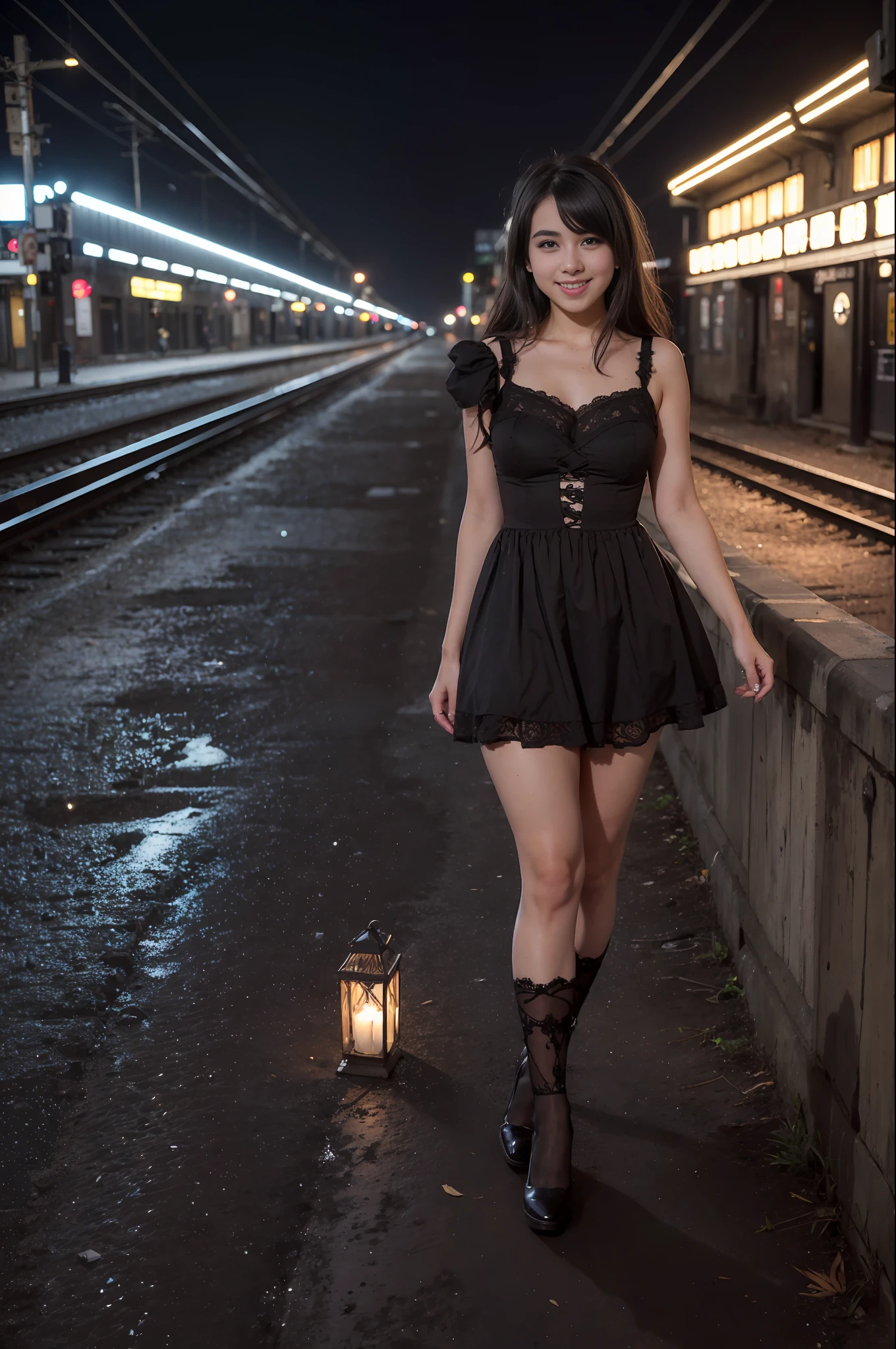 ((artistic photography)) Short dress, dark brown lace stockings sensual Lolita, abandoned city and next to or train in an environment of ((night photography)) Lauren Jauregui, smiling and happy in a ((urban installation)) full scale. ((colloquial)) I want more of this mysterious and seductive aesthetic!