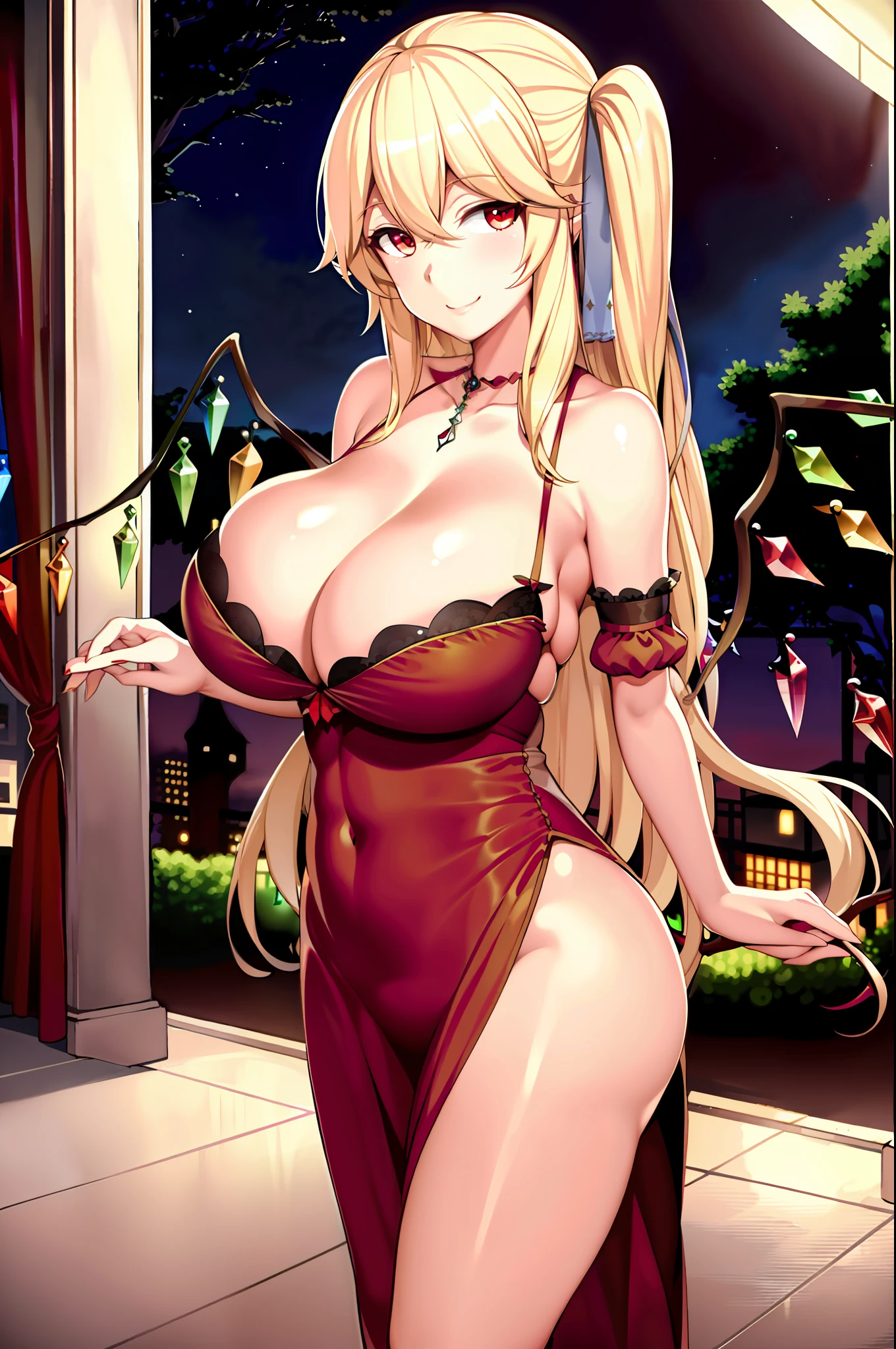 (Veranda at night) ((Colossal Tits 2.5)) (Adult) (Flandre Scarlet) Grown body Big breasts Boobs Cleavage (Gentle MILF) Blonde Long hair Aristocratic attire Smiling