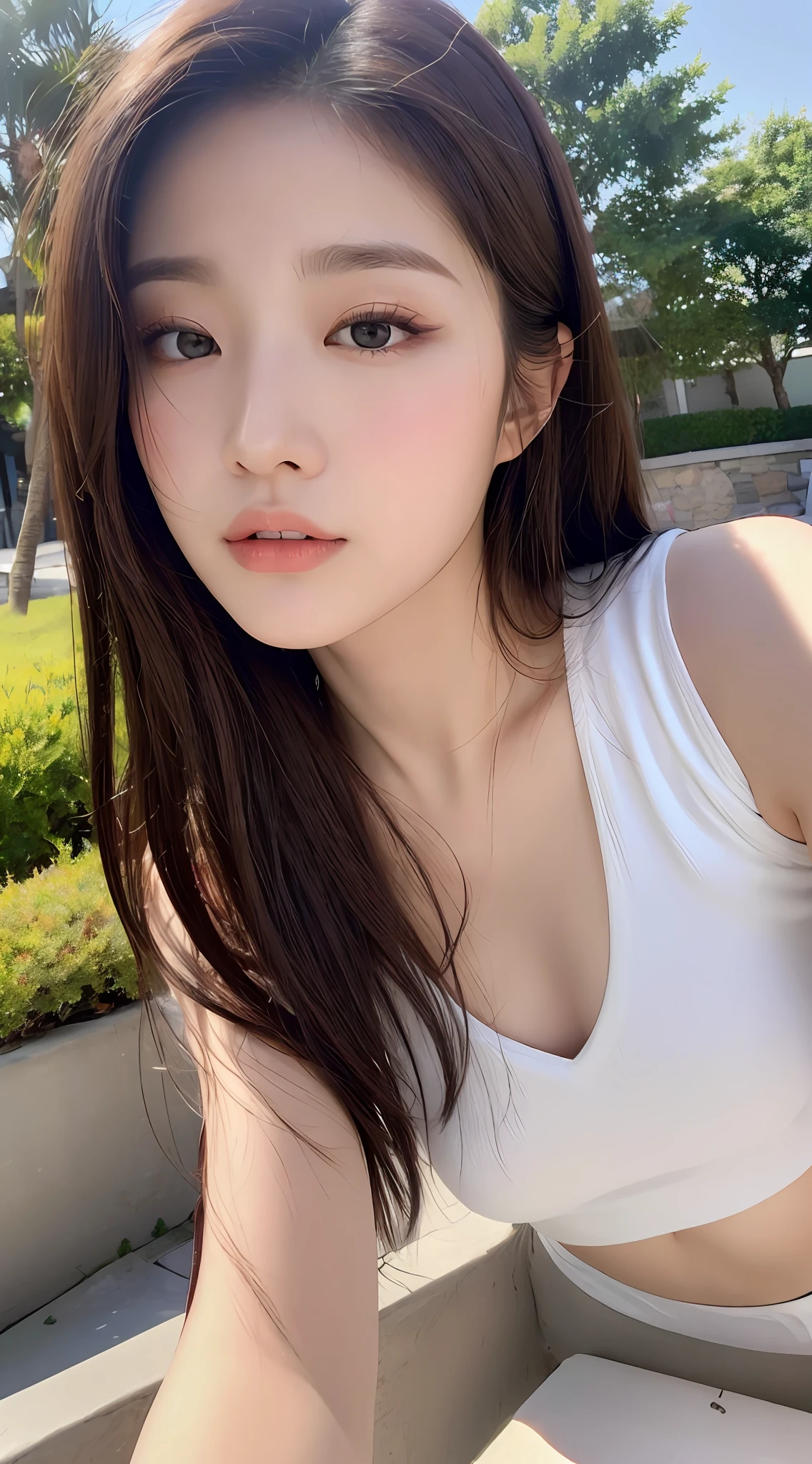 ((Realistic lighting, Best quality, 8K, Masterpiece: 1.3)), Clear focus: 1.2, 1girl, Perfect Figure: 1.4, Slim Abs: 1.1, ((Dark brown hair)), (White top: 1.4), (Outdoor, seaside: 1.1), Lying on your side, Selfie, Super fine face, Fine eyes, Double eyelids, flushed,