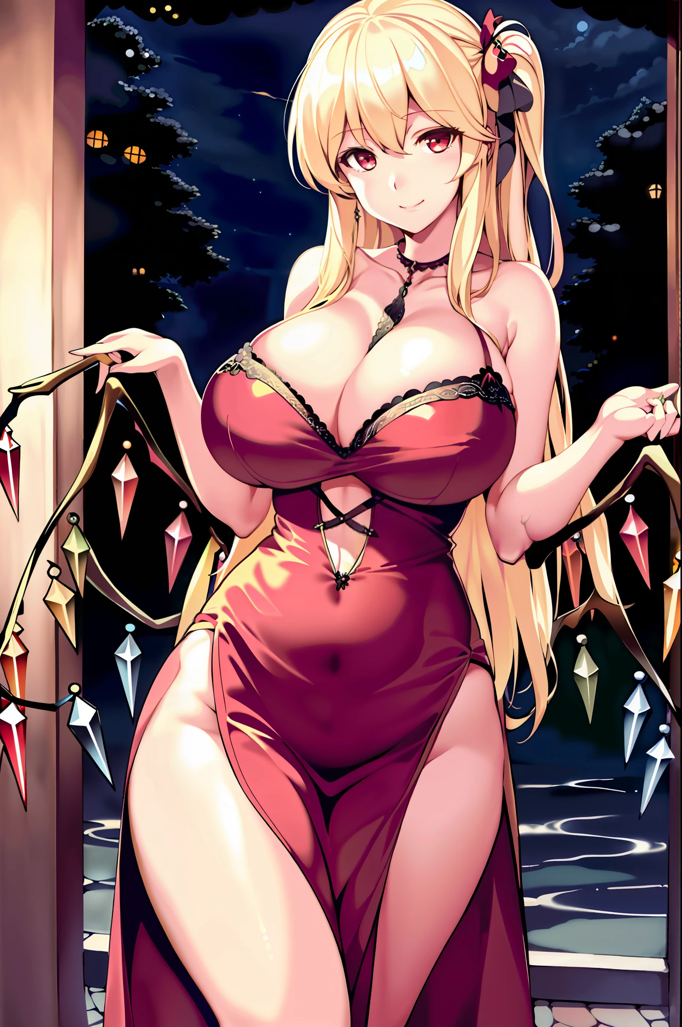 (Veranda at night) ((Colossal Tits 2.5)) (Adult) (Flandre Scarlet) Grown body Big breasts Boobs Cleavage (Gentle MILF) Blonde Long hair Aristocratic attire Smiling