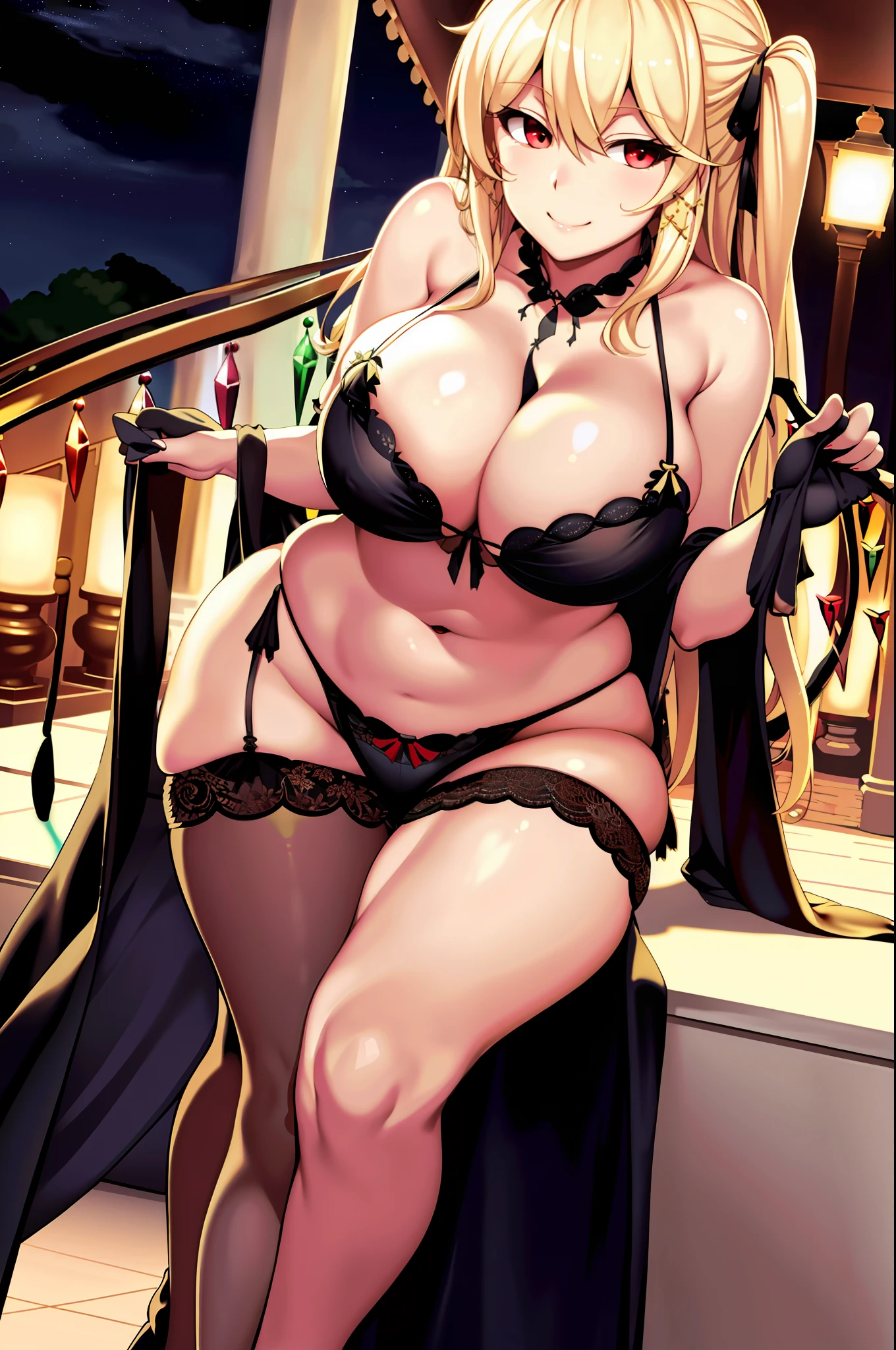 (Veranda at night) ((Colossal Tits 2.5)) (Adult) (Flandre Scarlet) Grown body Big breasts Boobs Cleavage (Gentle MILF) Blonde Long hair Aristocratic attire Smiling