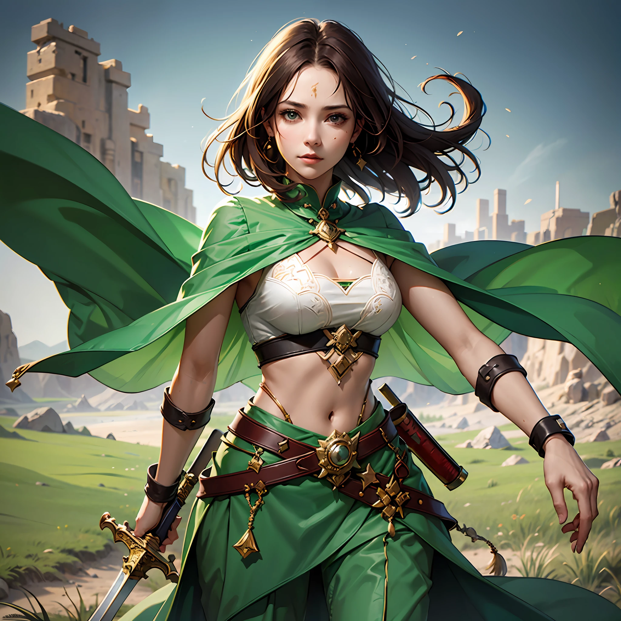 woman in a green outfit with a sword and a desert background, warrior princess, sword, with super detail-oriented wound, with red marks of fights, well detailed arena, --auto --s2