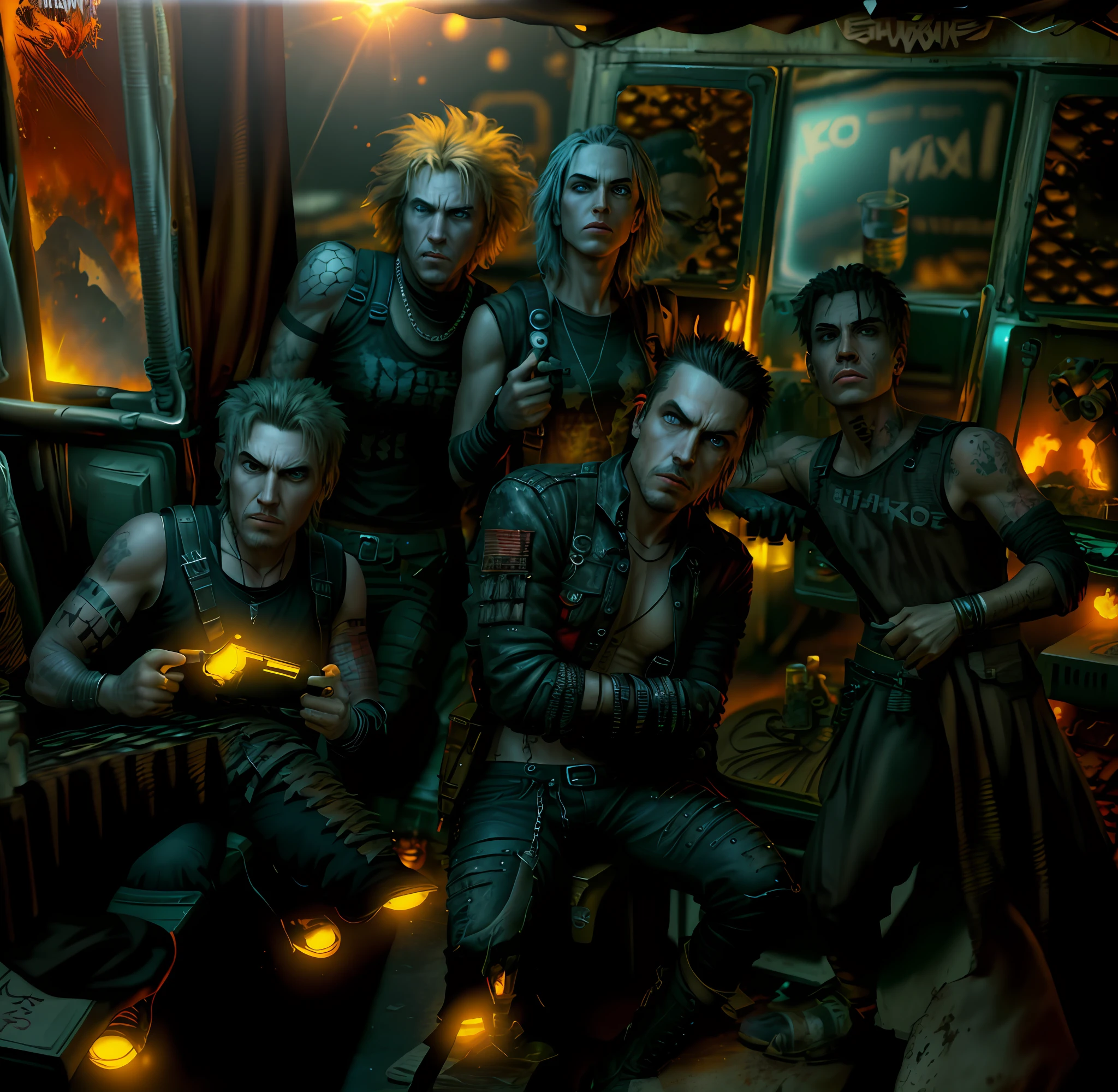 Male rock band, movie poster,  max, high quality, painting, futurism, apocalyptic powder, rock band on a fishing boat sunset explosions in the background, sunset, fishing boat, madx, undead 2, movie poster, realistic painting art.