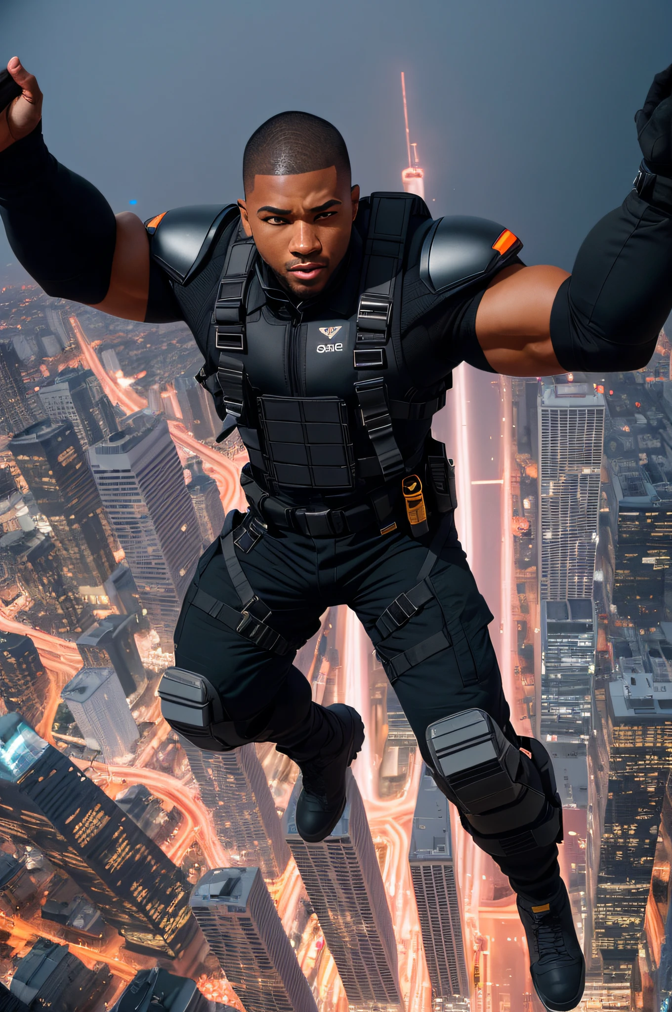 a black man flying at 100 feet high, he has short military-style hair, low fade, buzzcutt, buzz cutt, about 35 years old, strong man, wearing a black military tactical outfit, made of kevlar, with bulletproof vest, many beam belts and military paraphernalia, gray tactical pants, and military boots, forming hurricanes,  with hurricanes around him, winds and cyclones ravaging the city behind him, dramatic lighting, towering over the city, the highest quality, red eyes, evil, cinematic lighting, sit-ups, hands raised, standing over the city, (((top view)))), extremely muscular, perfect face, looking at the viewer, detailed background, (detailed skin), [freckles], natural lighting, (direct light: 0.4),  8mm film grain, shot on a Sony a9 II, 24mm lens, F/2.8 aperture, deep focus, (RAW), 8k