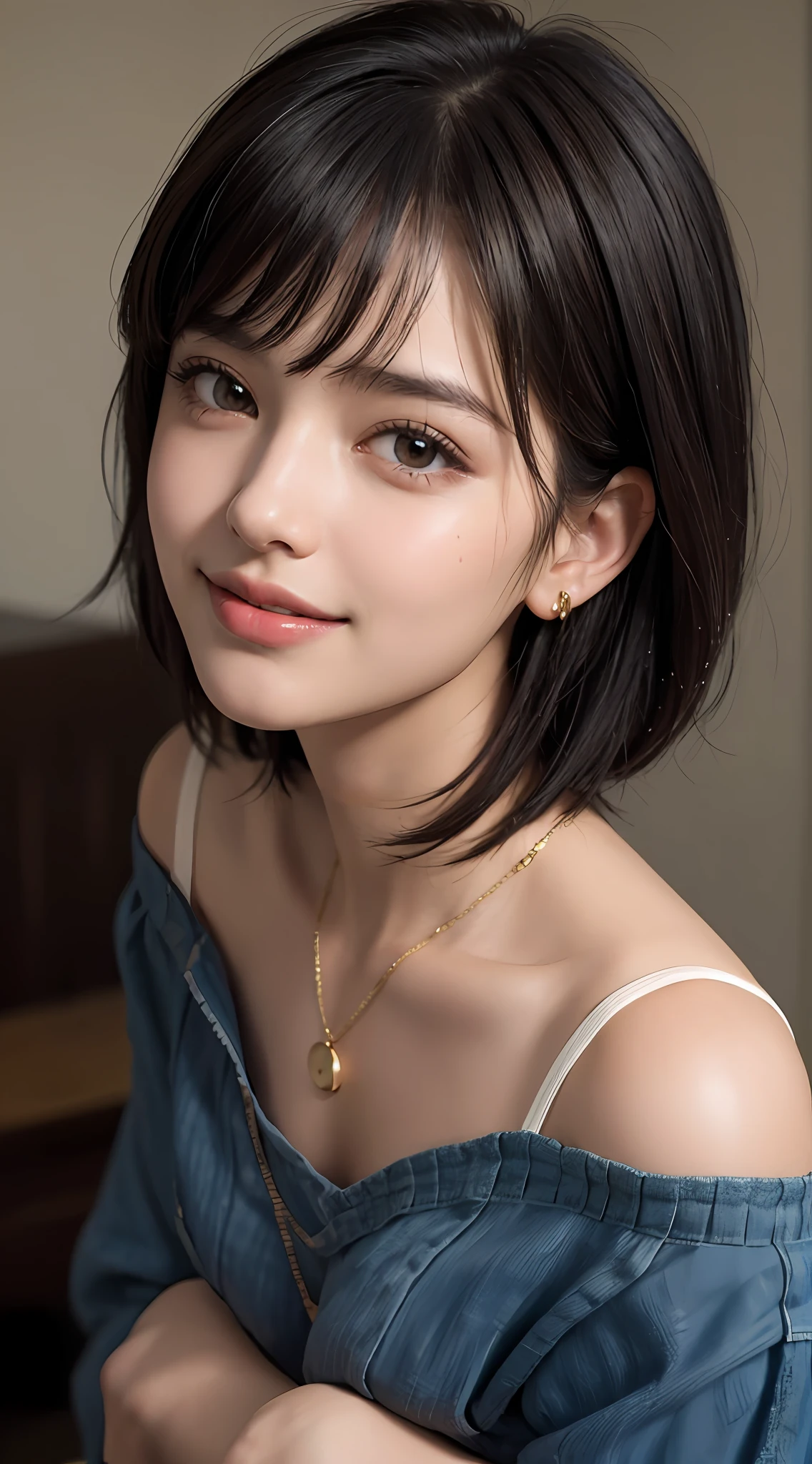 (top quality, 8k, masterpiece: 1.3), pretty woman with perfect figure: 1.4, dark brown hair, big, wearing pendants, torn shorts, sleeping in bedroom, very detailed face and skin, detailed eyes, double eyelids, top quality, masterpiece, (photorealistic: 1.4), one woman, golden ratio, high angle shot, upper eye care, low angle shot, perfect face, beautiful figure, cute face, face close-up, zoom in on face, short bob, short hair, smile from different angles, smile, gloss, highlight, gloss, glossy on skin, glossy on skin, wet skin, wet, bangs, cute smile, bust, off-shoulder, refreshing charm, elegant, perfect hands, smile from angle, smile, shiny, highlight, glossy skin, bangs, bust, big, Warm off-shoulder, refreshing charm, ears out, gaze to the camera, poses at different angles