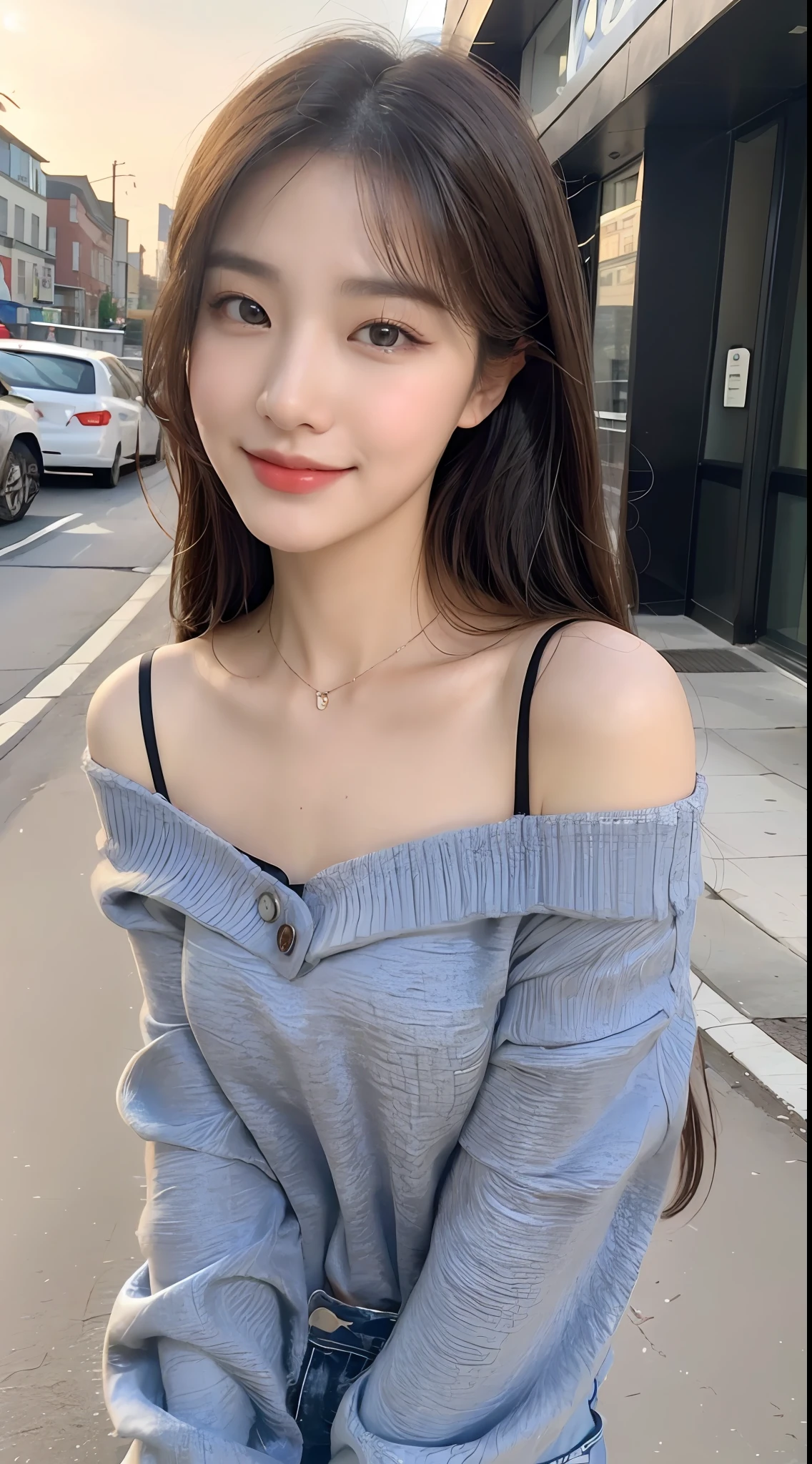 (1 Korean star with royal sister style), ((best quality, 8k, masterpiece: 1.3)), focus: 1.2, perfect body beauty: 1.4 , (smile), (Street: 1.3), highly detailed face and skin texture, fine eyes, double eyelids, whitening skin, (big wave hairstyle: 1.3), (round face: 1.5), (off-the-shoulder top: 1.4),