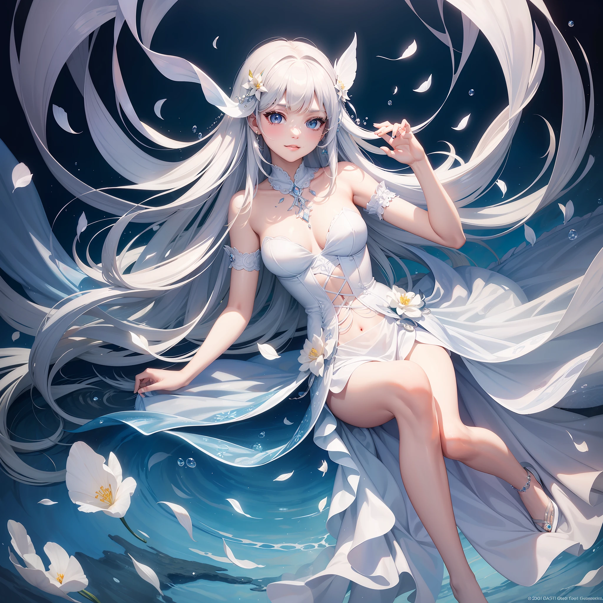 (masterpiece, highest quality, highest quality, official art, beauty and aesthetics: 1.2), (full body, medium) 2girl, mermaid, dreamy, ethereal, romantic, white hair, silver hair, underwater, air bubbles, lots of bubbles, flipping cloth, eye highlights, beautiful eyes, long lashes, beautiful pose, beautiful woman, beautiful girl, sparkling beautiful scales, Slight smile, petals fluttering, Vivid and beautiful lighting --v 6
