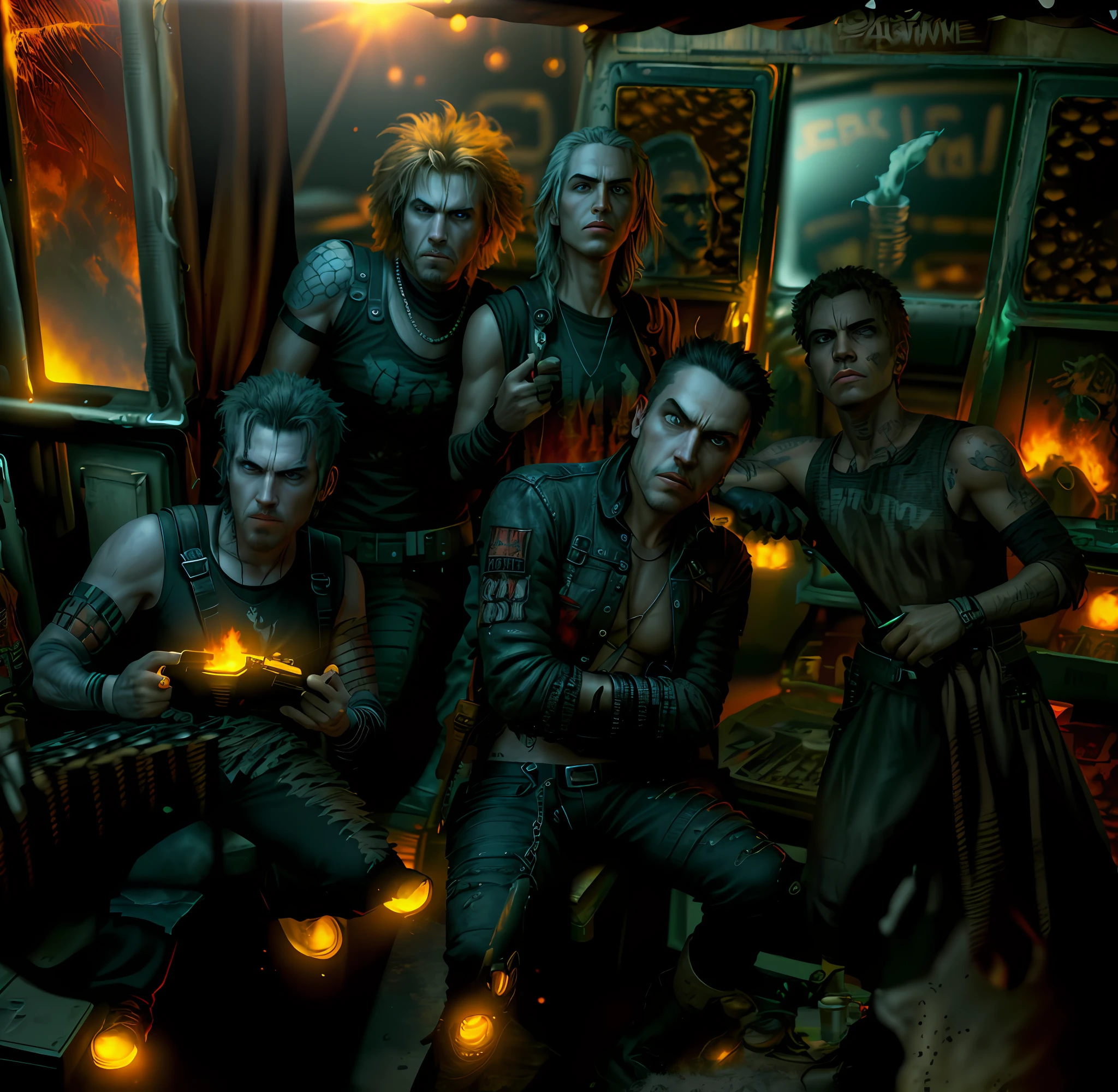 Male rock band, movie poster, mad max, high quality, painting, futurism, apocalyptic powder, rock band on a fishing boat sunset explosions in the background, sunset, fishing boat, mad max, undead 2, movie poster, realistic painting art.