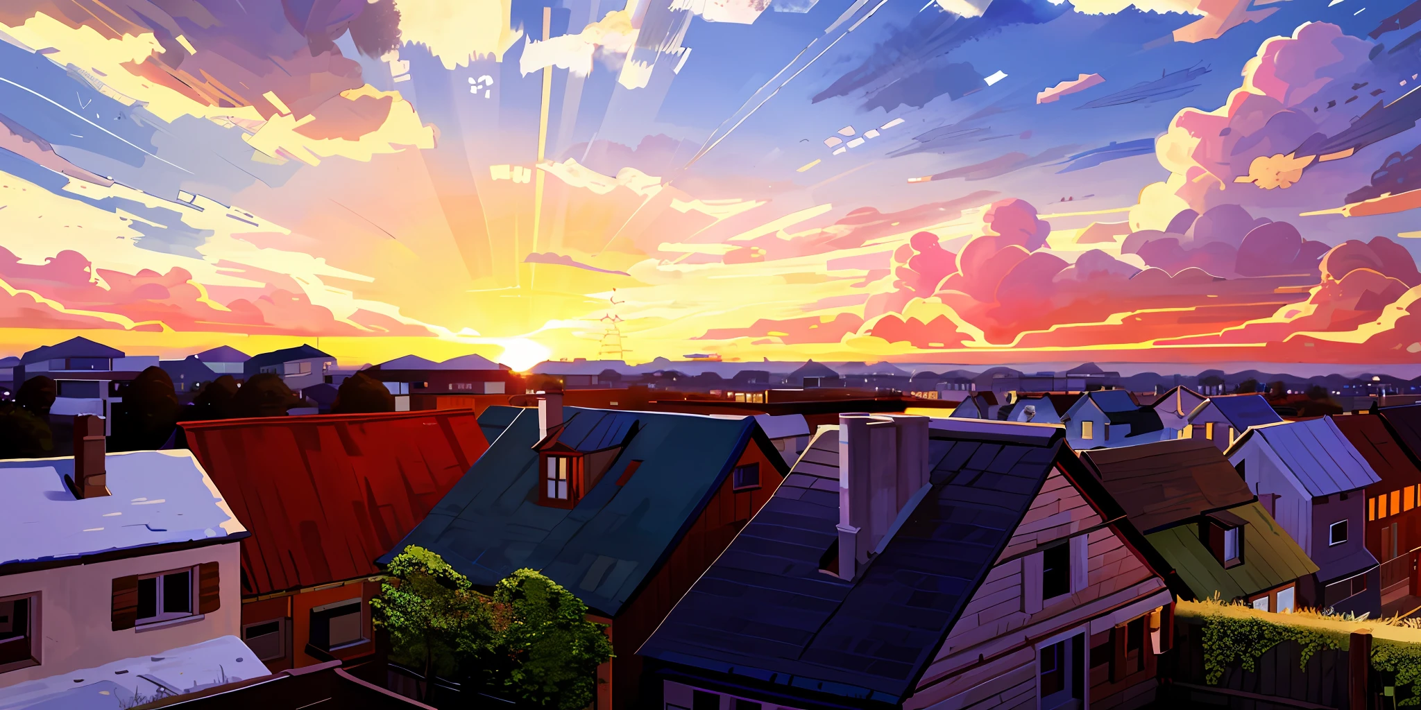 I want an illustration of a small town without buildings with simple houses and a couple sitting on the roof looking at the horizon glimpsing the sunset and a bucolic air