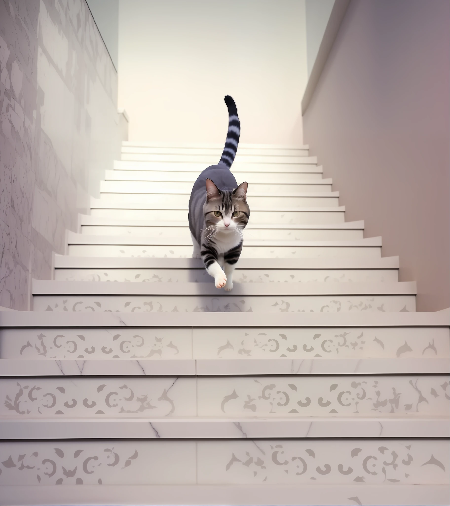 there is a cat sitting on the steps of a building, coming down the stairs, the cat is walking, walking down a marble stairwell, stairway to heaven, stairs, catwalk, catwalks, elegant cat, running cat, steps, by Li Mei-shu, stairways, stairway, awesome cat, a cat, startled, 1 staircase, cat