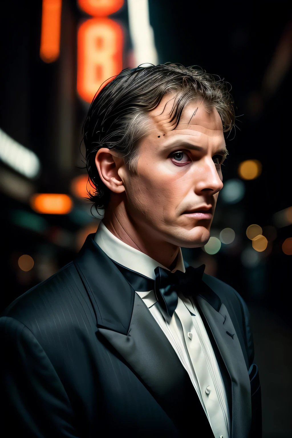 RAW face closeup portrait of a man wearing a tuxedo, professional photography, in blade runner, high resolution, 4k, 50mm, vaporwave, photo by Brooke Shaden, close portrait