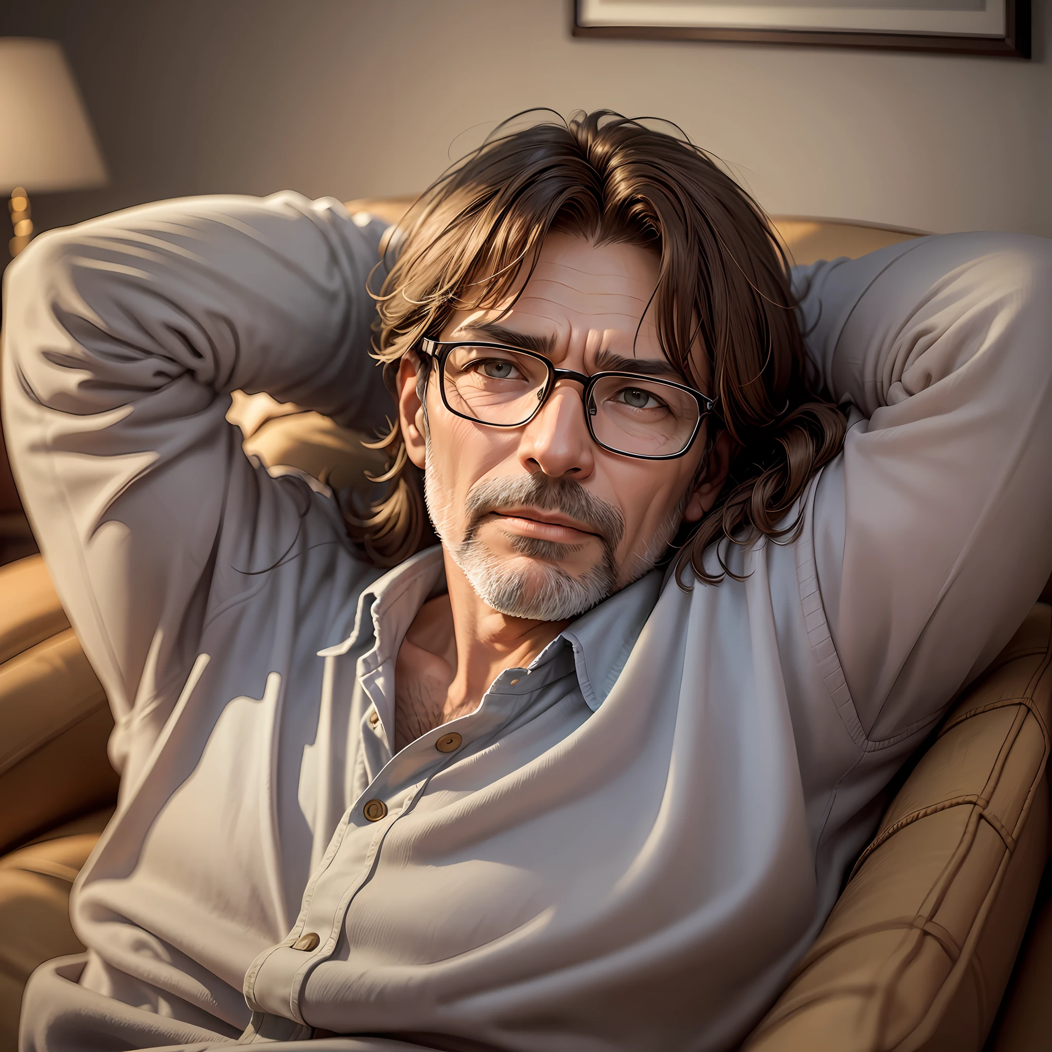 "Create an image of a 50-year-old man, brown hair and glasses, lying comfortably on the couch, watching a movie at home. The image should convey a feeling of comfort and relaxation, with proper lighting and a harmonious composition." --auto --s2