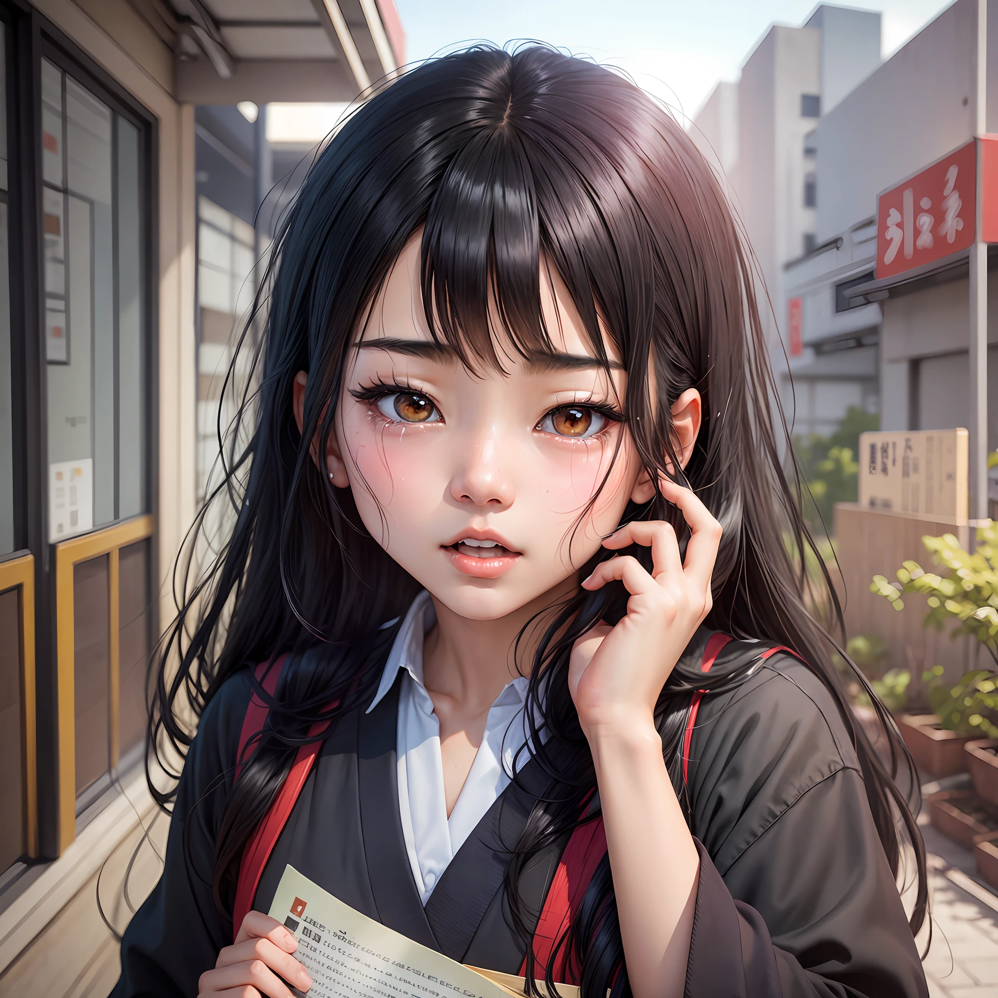 Japanese beauty, student, black hair, crying