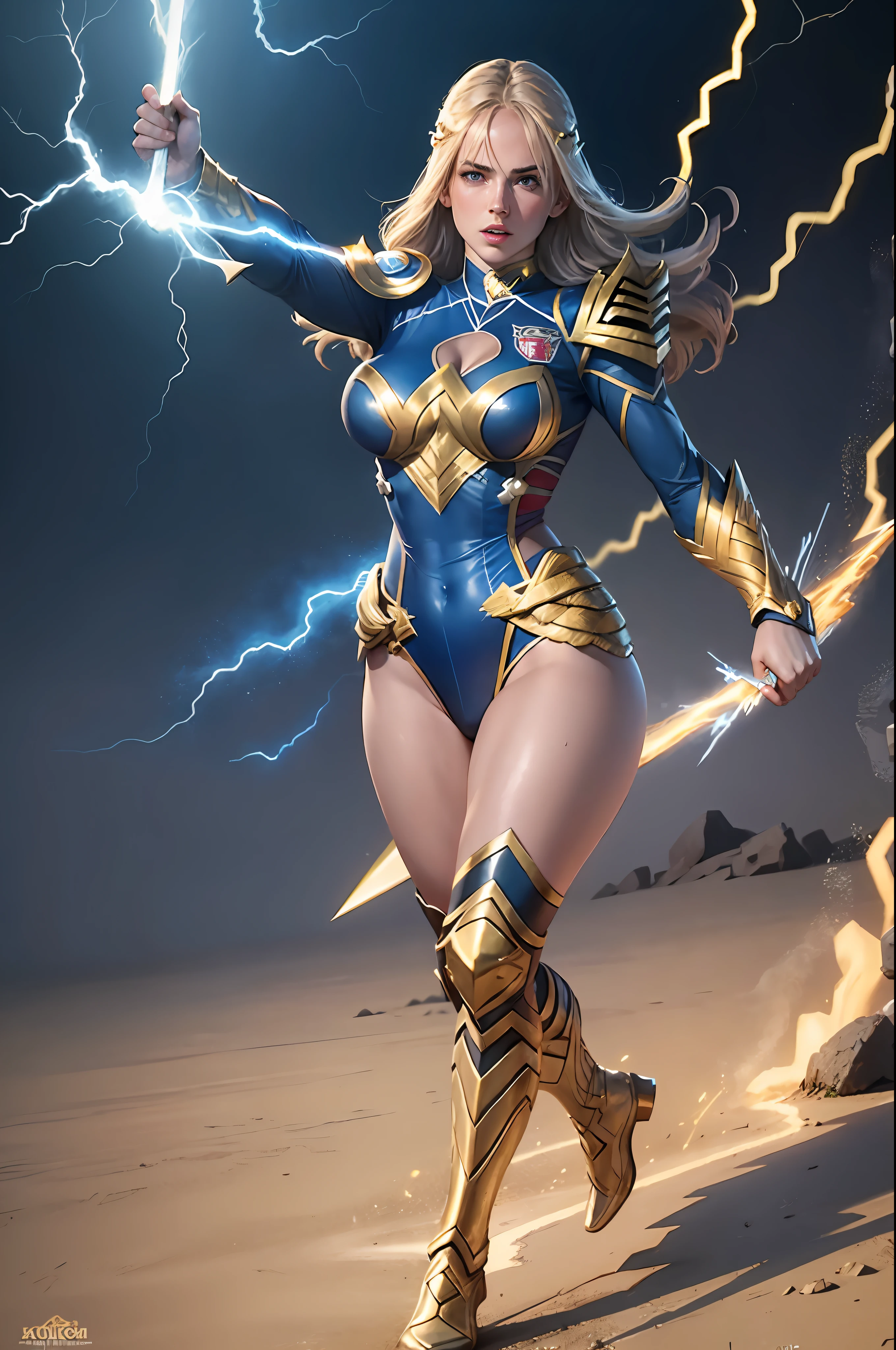 4k highly detailed realistic ((full body including legs)) photo of beautiful 20-year-old sweaty Anglo-Saxon girl with ((sharp jaw)) and perky, in a blue and gold superheroine uniform with lightning details, she is flying and possesses lightning powers
