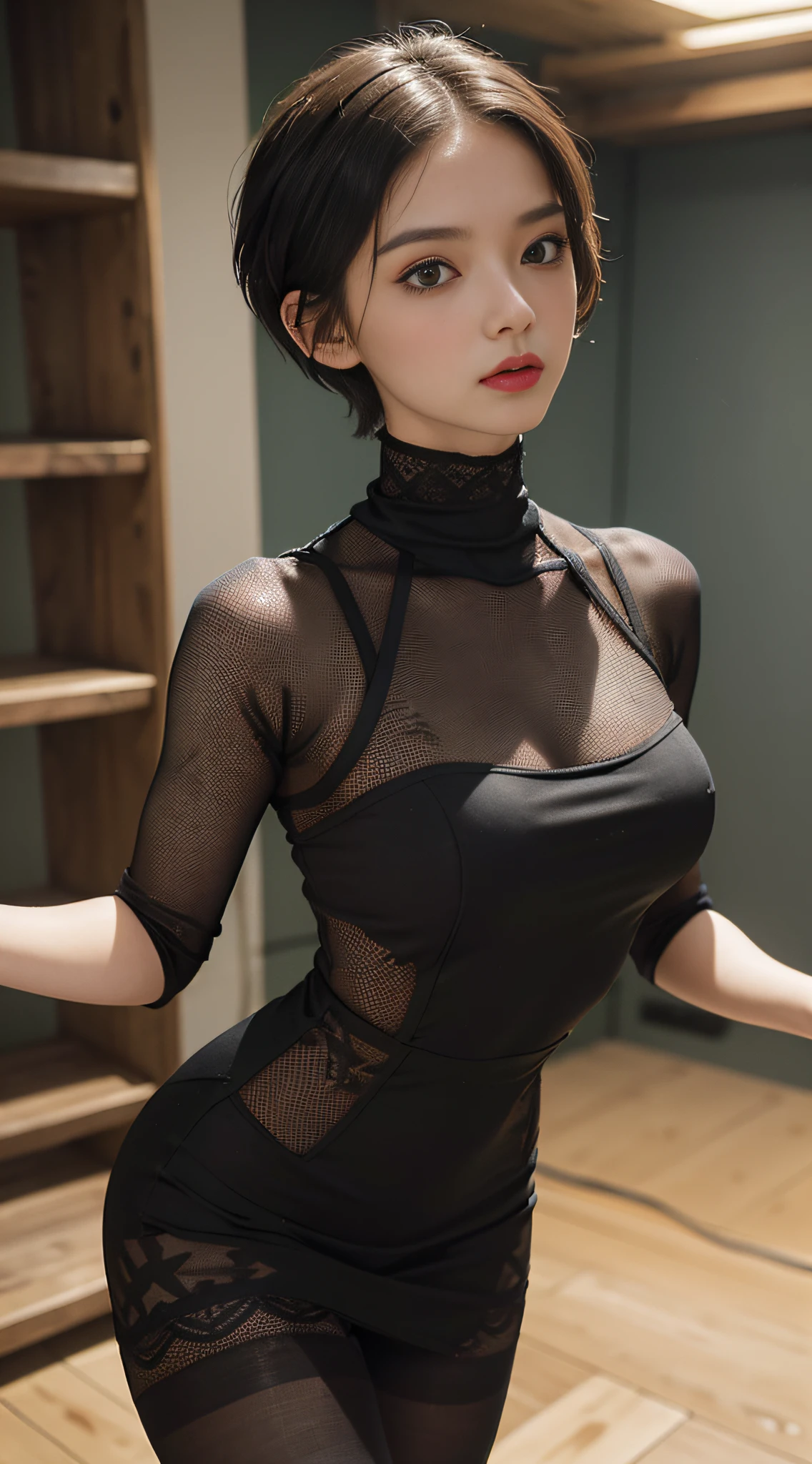 (in prison cell), woman with a whip, (((top quality, 8k, masterpiece: 1.3)), crisp focus: 1.2, beautiful woman with perfect figure: 1.4, slender abs: 1.2, ((layer cut, big: 1.2)), (room: 1.2), wet body: 1.5, very detailed face and skin texture, detailed eyes, ((very short hair)), studio,BDSM,slave, High neck, black dress, see-through, patterned tights, (dynamic pose)