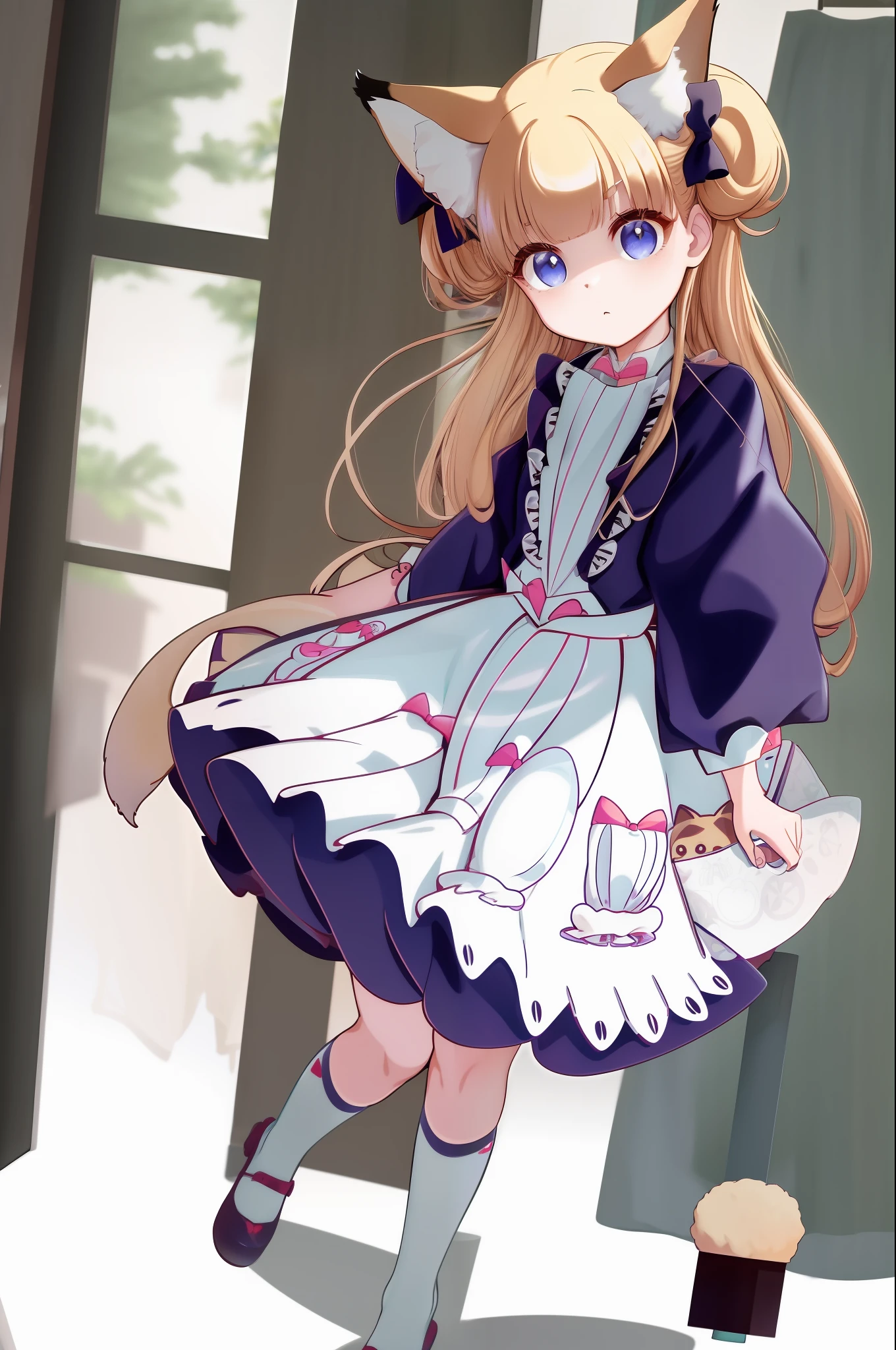 animal_ear_fluff, animal_ears, apron, aqua_eyes, bangs, blunt_bangs, eyebrows_visible_through_hair, fox_ears, fox_tail, frilled_apron, frills, full_body, long_hair, long_sleeves, maid_apron, maid_headdress, sandals, simple_background, solo, standing, tabi, tail, wa_maid, white_apron, white_background, white_legwear, wide_sleeves, zouri, bikini