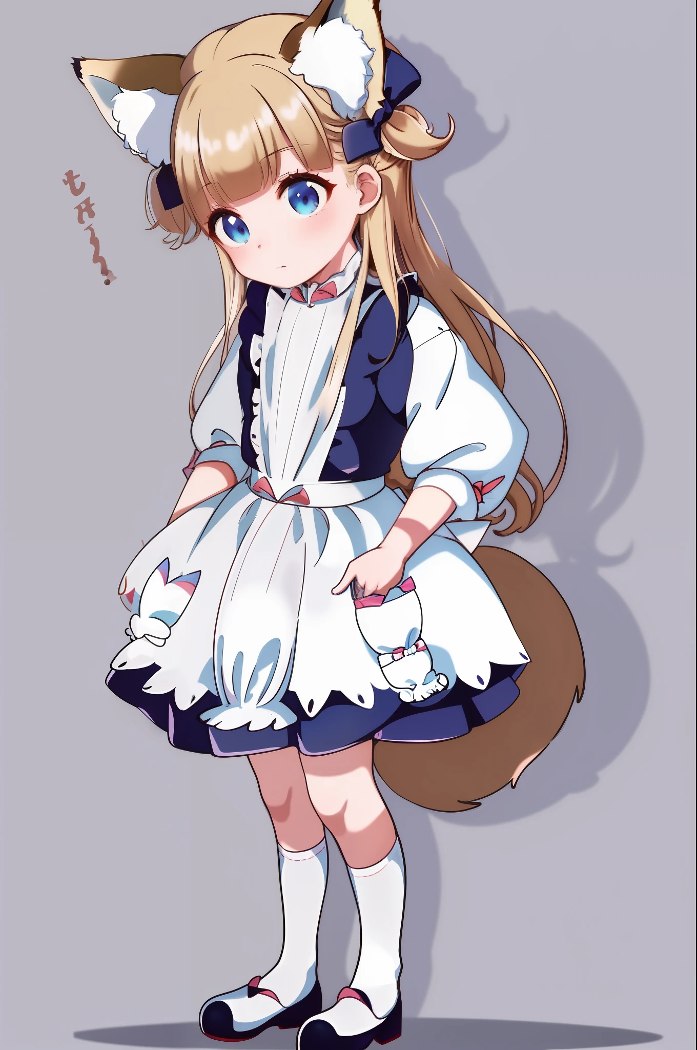 animal_ear_fluff, animal_ears, apron, aqua_eyes, bangs, blunt_bangs, eyebrows_visible_through_hair, fox_ears, fox_tail, frilled_apron, frills, full_body, long_hair, long_sleeves, maid_apron, maid_headdress, sandals, simple_background, solo, standing, tabi, tail, wa_maid, white_apron, white_background, white_legwear, wide_sleeves, zouri, bikini