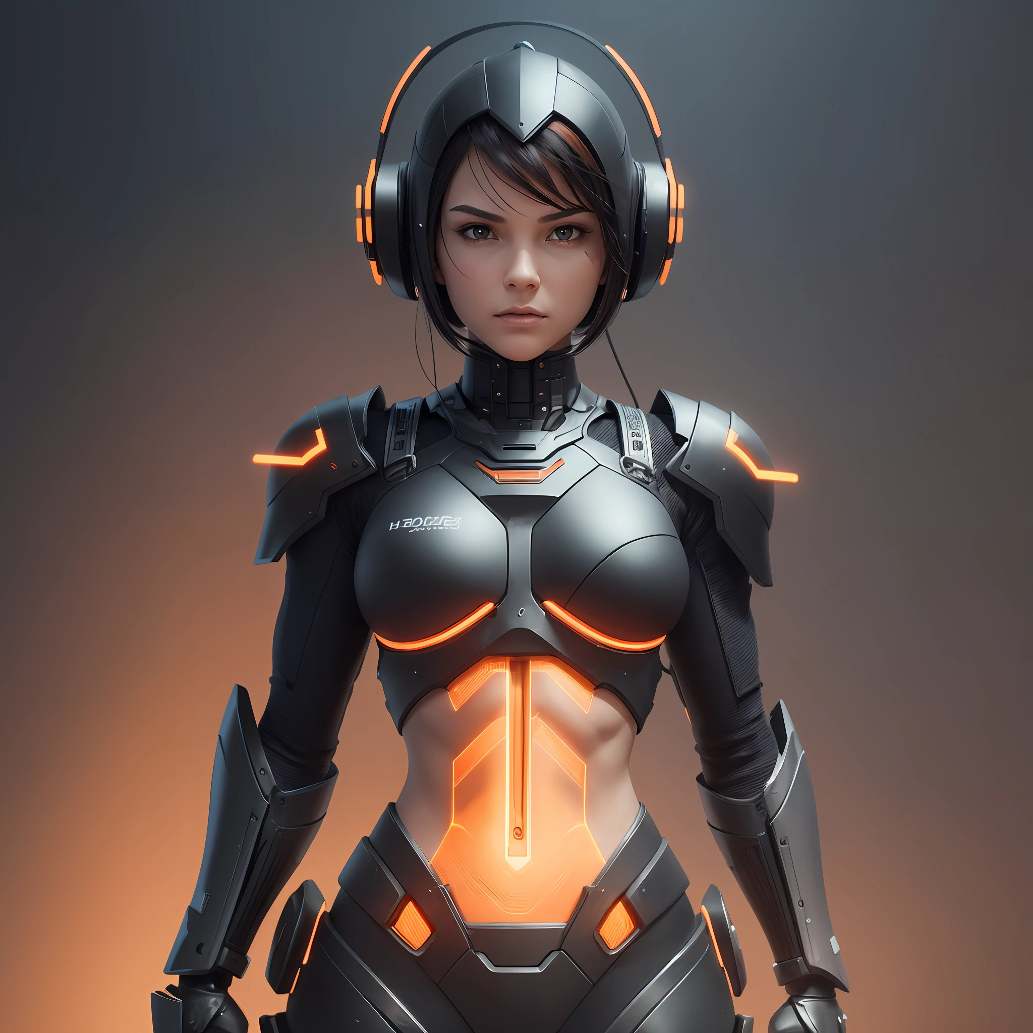 ((medium breast, tomboy girls, small head)), daylight, sunlight, (chiseled abs : 1.1), (perfect body wearing an armor black and orange : 1.1), (short massy hair : 1.2) , ultra detailed complex 3d rendering of a beautiful porcelain profile woman android face, full body, cyborg, robotic parts, anatomical, facial muscles, electrical cables, microchip, wearing black armor with orange, octane rendering, H. R. Giger style --auto --s2