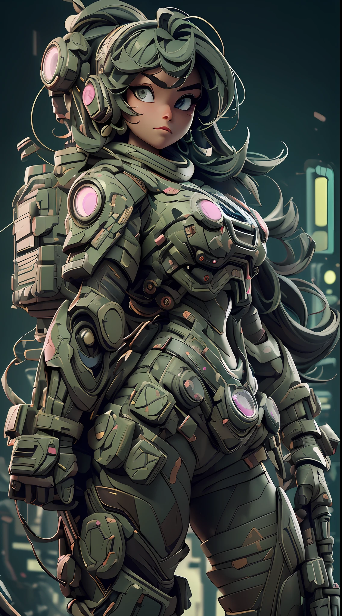 ((Best quality)), ((masterpiece)), (highly detailed:1.3), 3D, beautiful (cyberpunk:1.2) special forces, robort,female with thick voluminous hair wearing (wearing camouflage_uniform:1.1), body armour,cape,digital (camouflage:1.3),HDR (High Dynamic Range),Ray Tracing,NVIDIA RTX,Super-Resolution,Unreal 5,Subsurface scattering,PBR Texturing,Post-processing,Anisotropic Filtering,Depth-of-field,Maximum clarity and sharpness,Multi-layered textures,Albedo and Specular maps,Surface shading,Accurate simulation of light-material interaction,Perfect proportions,Octane Render,Two-tone lighting,Wide aperture,Low ISO,White balance,Rule of thirds,8K RAW,Efficient Sub-Pixel,sub-pixel convolution