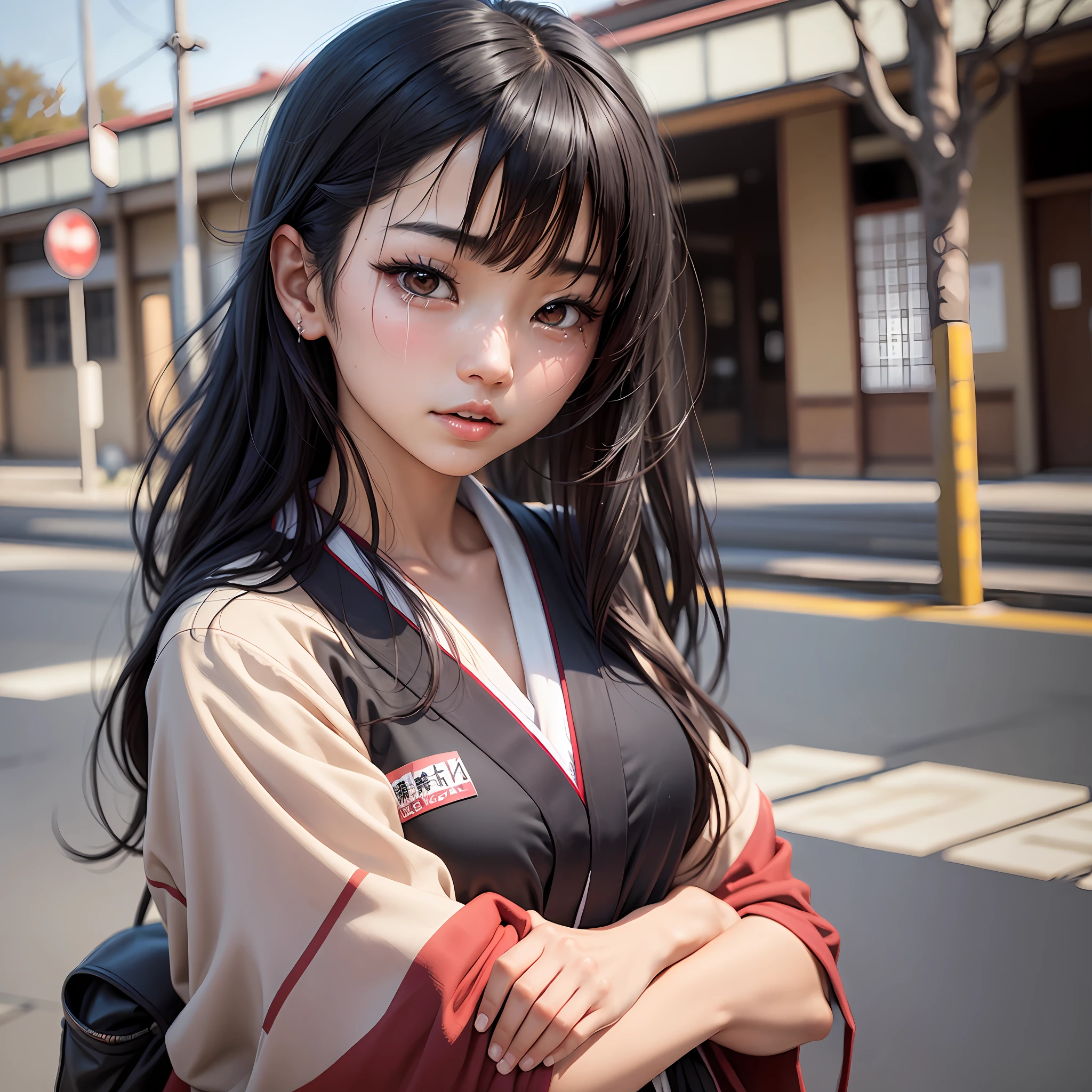 Japanese beauty, student, black hair, crying
