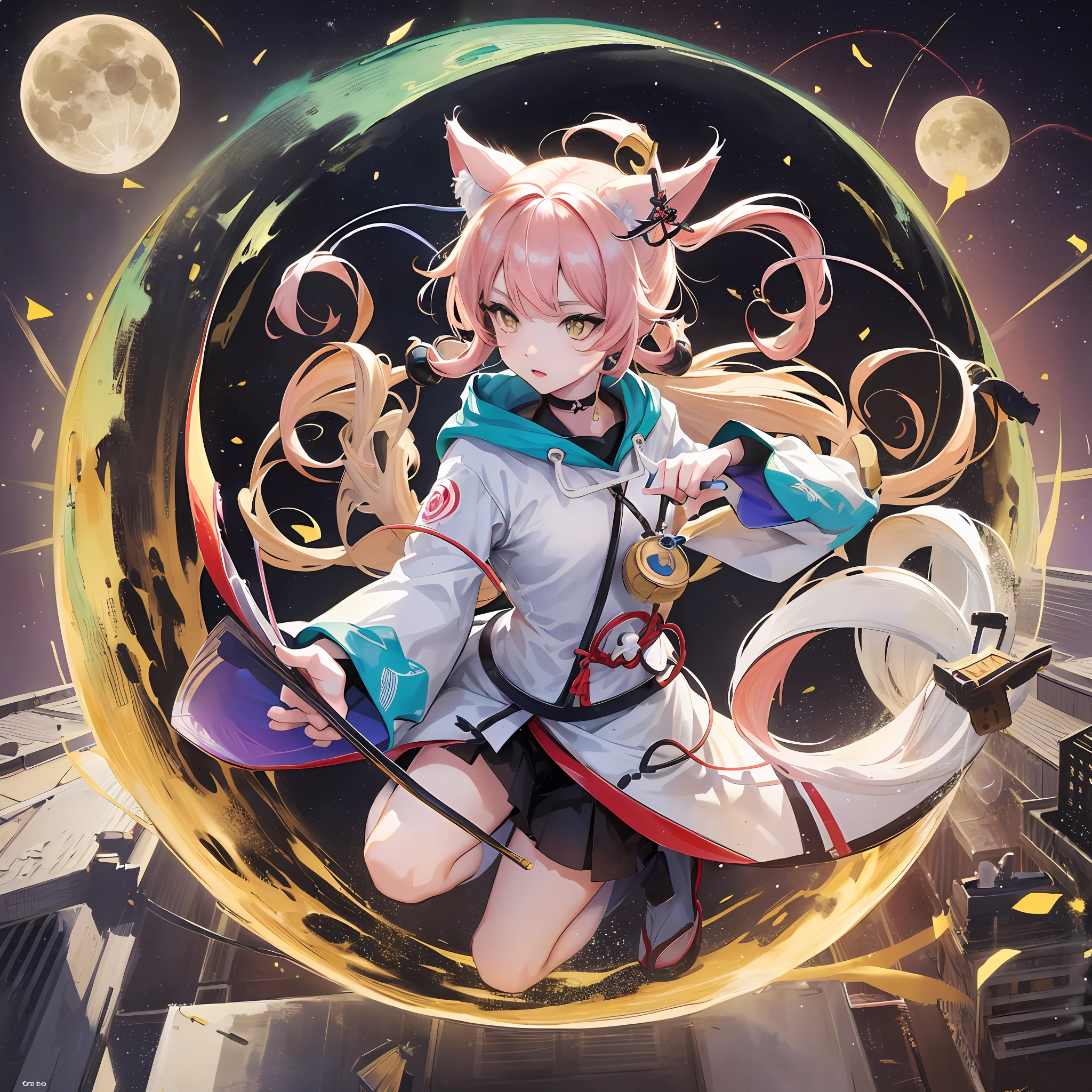 Genshin Impact Kirara, neko, cat ears, two tails, Japanese style clothes, moon, astronaut suit, box delivery, lunar station, high detailed, realistic, high resolution, lighting from above, planet earth background