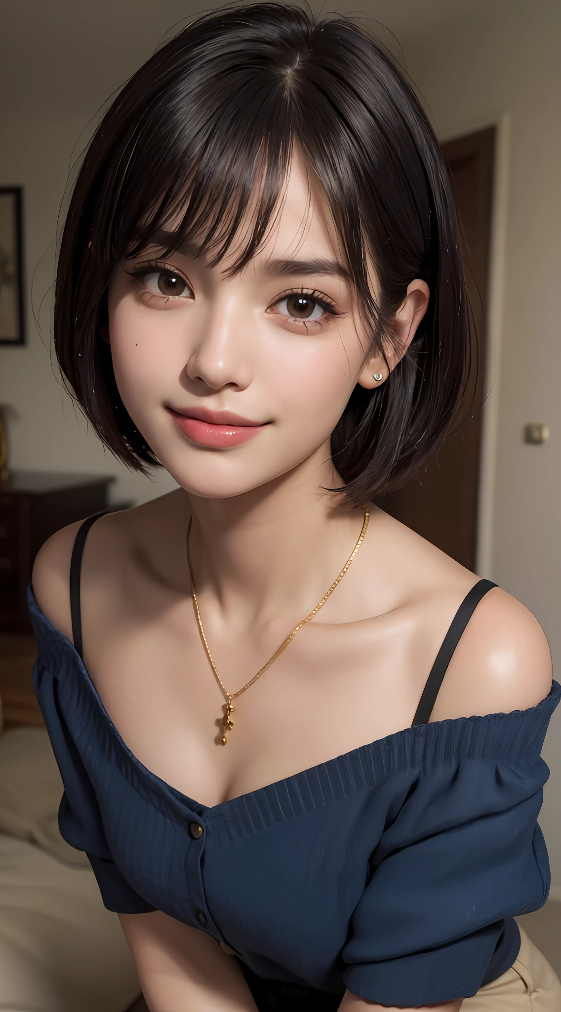 (top quality, 8k, masterpiece: 1.3), pretty woman with perfect figure: 1.4, dark brown hair, big, wearing pendants, torn shorts, sleeping in bedroom, very detailed face and skin, detailed eyes, double eyelids, top quality, masterpiece, (photorealistic: 1.4), one woman, golden ratio, high angle shot, upper eye care, low angle shot, perfect face, beautiful figure, cute face, face close-up, zoom in on face, short bob, short hair, smile from different angles, smile, gloss, highlight, gloss, glossy on skin, glossy on skin, wet skin, wet, bangs, cute smile, bust, off-shoulder, refreshing charm, elegant, perfect hands, smile from angle, smile, shiny, highlight, glossy skin, bangs, bust, big, Warm off-shoulder, refreshing charm, ears out, gaze to the camera, poses at different angles