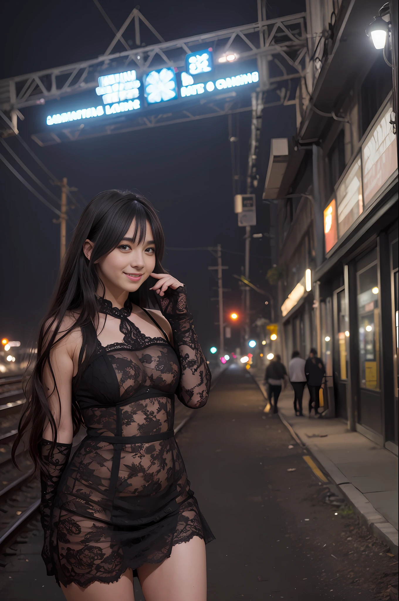 ((artistic photography)) Short dress, dark brown lace stockings sensual Lolita, abandoned city and next to or train in an environment of ((night photography)) Lauren Jauregui, smiling and happy in a ((urban installation)) full scale. ((colloquial)) I want more of this mysterious and seductive aesthetic!