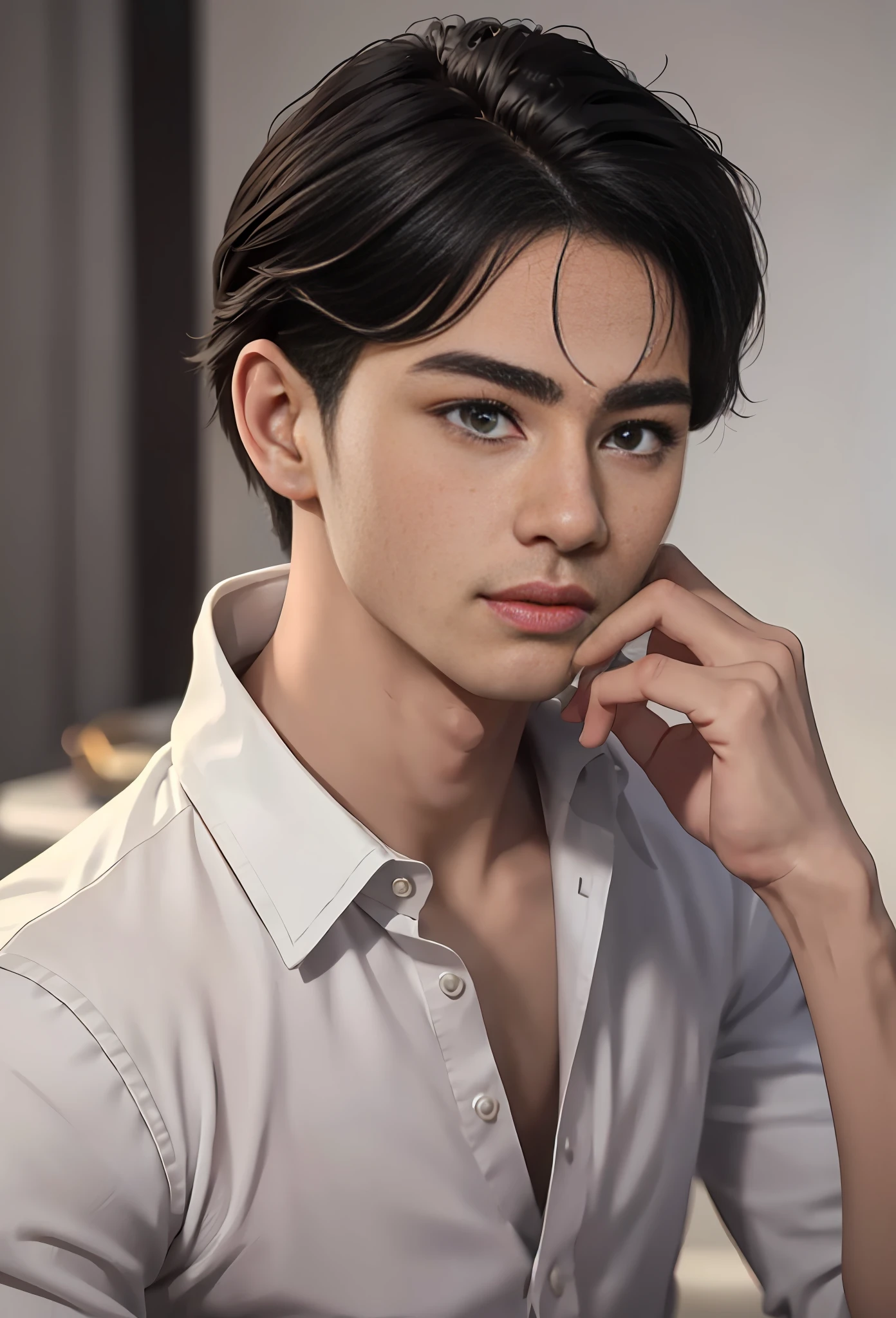 Masterpiece, best quality, (realistic, very detailed), boy, handsome Asian face, ((delicate face)), short black hair, delicate and snub nose, perfect nose, perfect jaw well marked, full lips in heart shape, wearing jeans and white shirt, sensual, atmosphere, (realism: 1.5), 8k