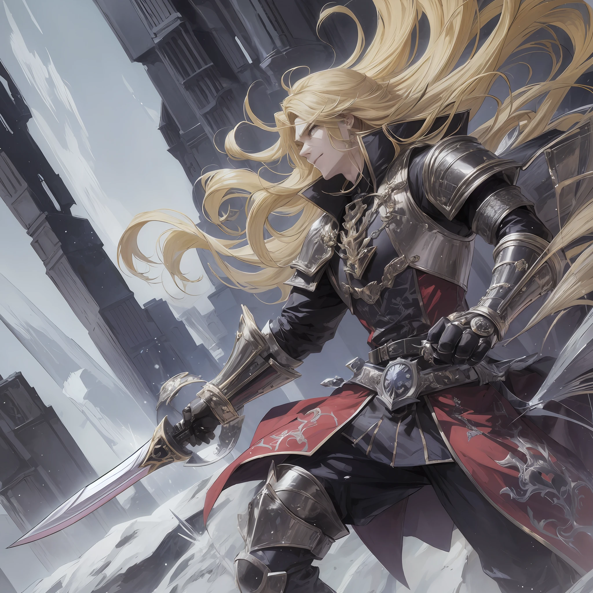 anime, long blonde hair, male, sad face, pointing, wearing a paw, gauntlet sword, black clothes, black overcoat, dark, gothic, sarcastic smile, furious, arms outstretched, holding a gauntlet sword paw, cold, shadow powers, frozen place, next to a giant made of shadows, shadows, dark giant, dark