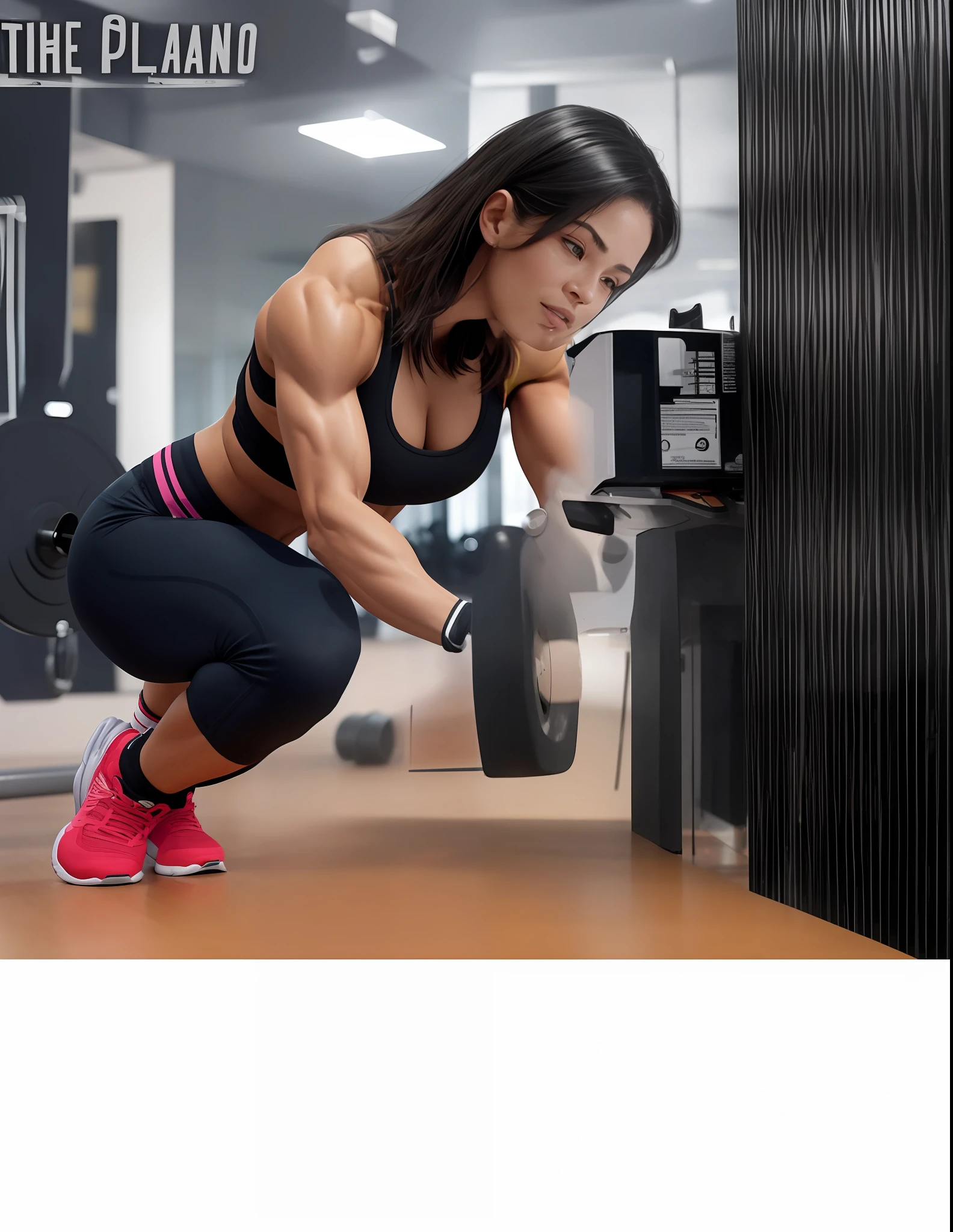 "A 21-year-old woman in perfect shape, exercising in a gym setting, with her body symmetrical and perfectly aligned. Her fitted workout outfit highlights her body ratio. She wears gym shoes for better performance."