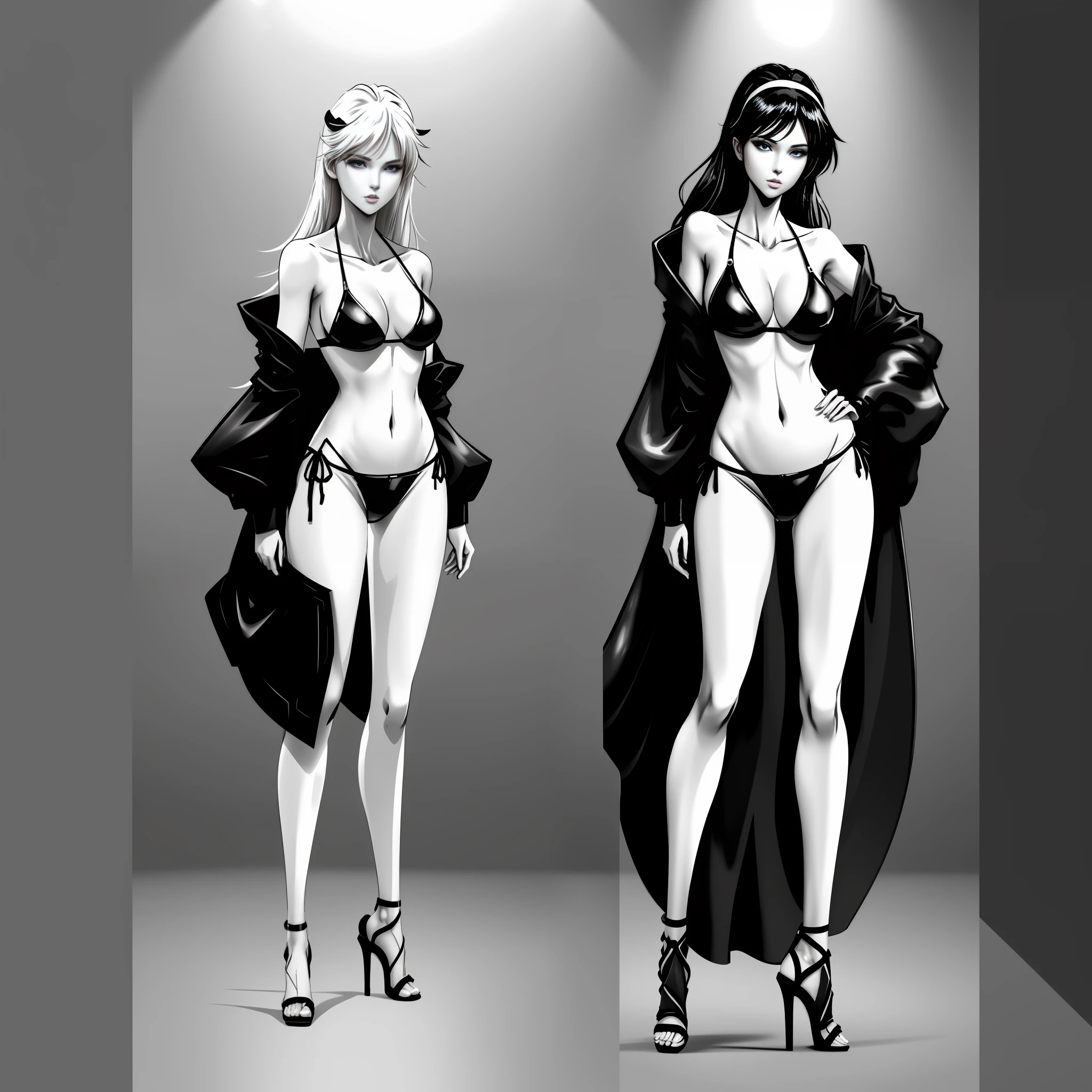 Black and white art, anime art, line art, a sexy female model standing in unreal space, 4k, silk bikini, thong crystal heels, delicate skin, long legs, tall figure, movie lights, full body