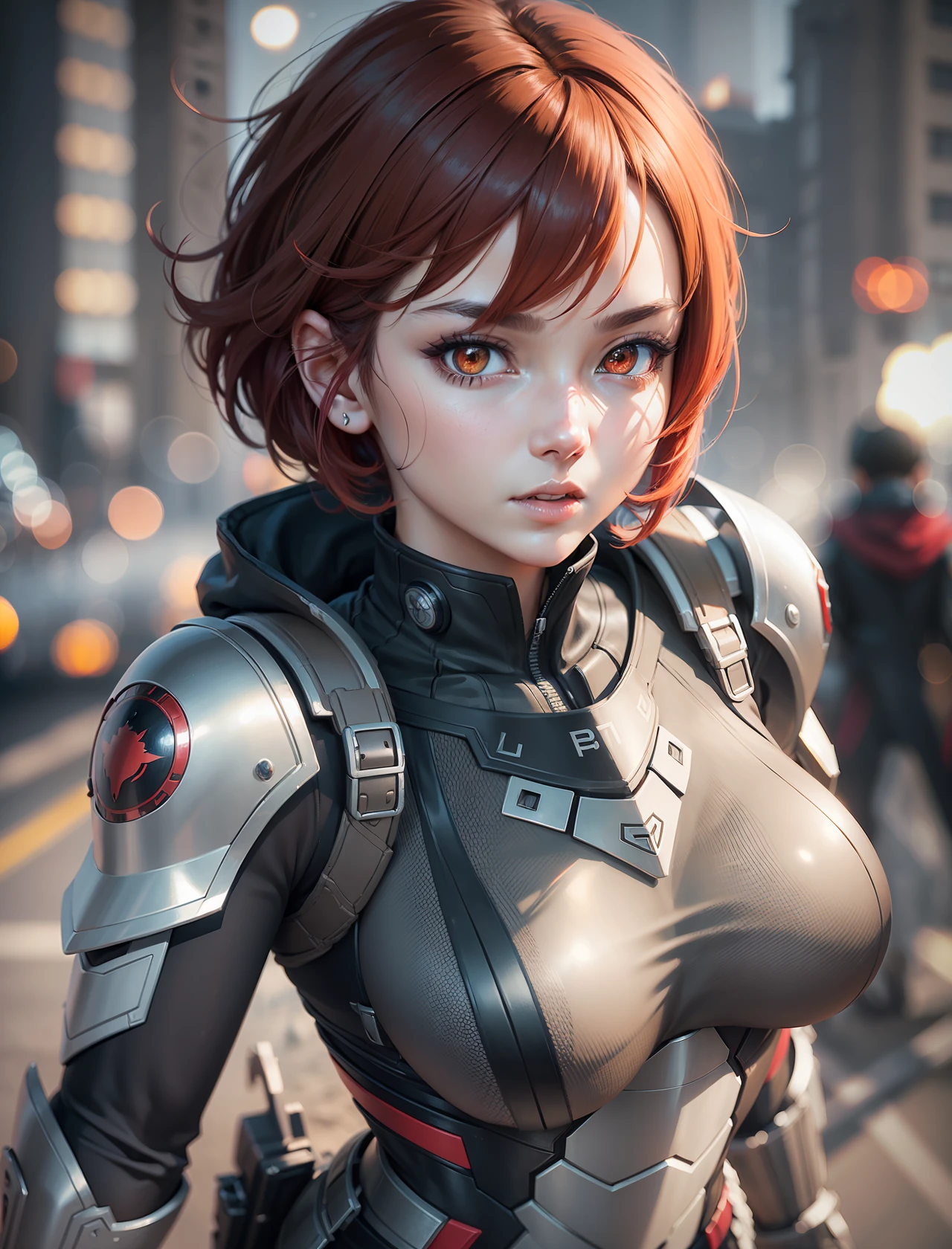 ((Face to the Waist)) Beauty anime girl /// (Character) wearing detailed combat body suit with scarf, upperbody shots, detailed skin, face sharp focus, detailed red eyes and pupils, detailed bob short hair, intricate details and sharp, masterpiece, global illumination, real shadow, bokeh, best quality, photorealistic, realistic, 8k