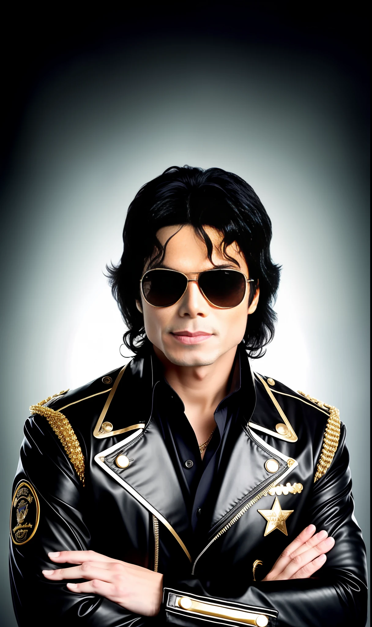 Michael Jackson 2000s photo, 4K texture, medium black hair, high quality, with black and gold military clothing in a photo studio background White, 8k image, stars background, white skin, 50 years old, king of pop, Michael Jackson, black aviator glasses,