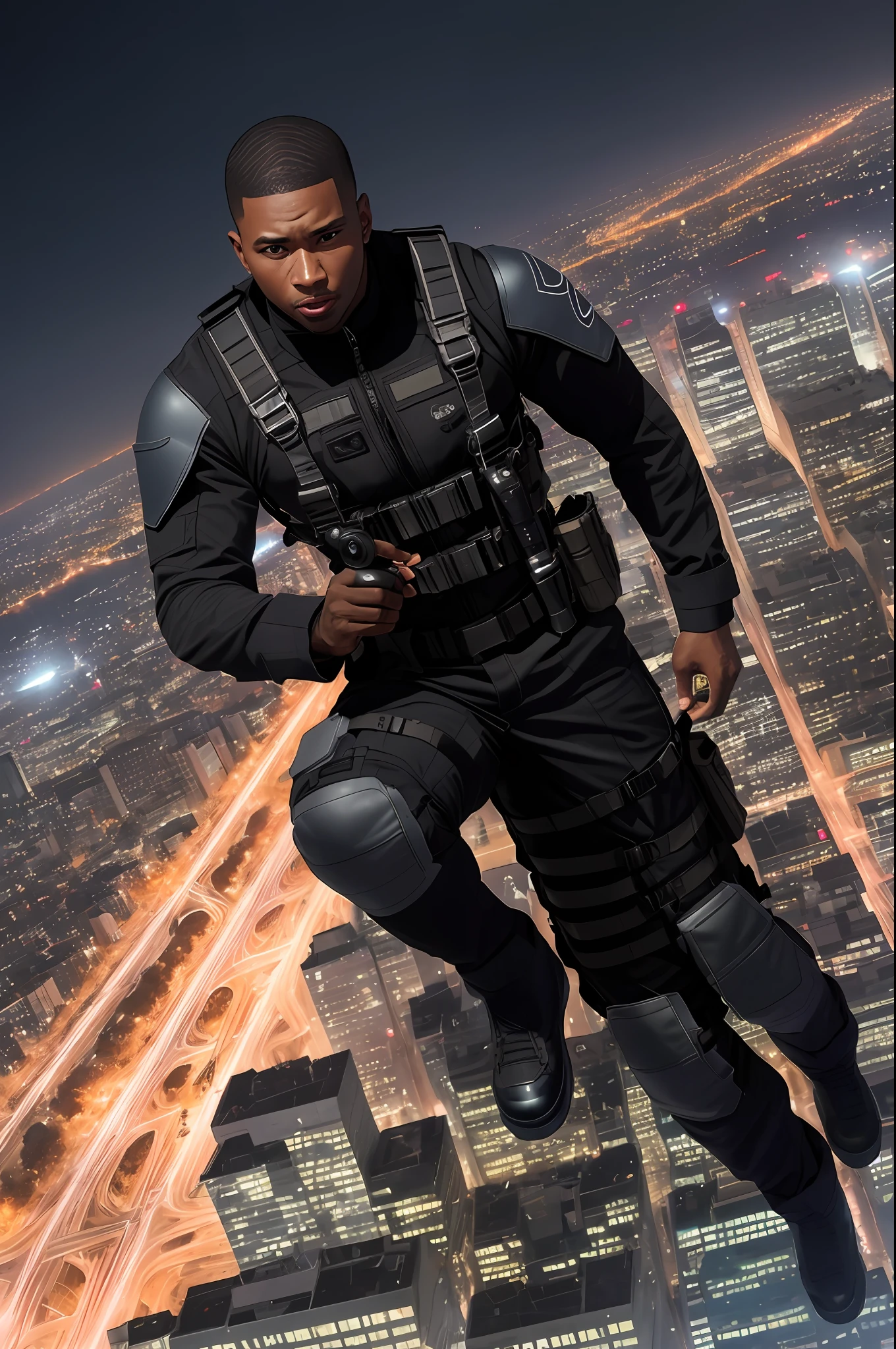 Black man flying at 100 meters high, he has short military style hair, low fade, buzzcutt, buzz cutt, about 35 years old, wearing a black military tactical suit, made of kevlar, with bulletproof vest, many belts and military paraphernalia, gray tactical pants, and military boots, forming hurricanes, with hurricanes around him,  winds and cyclones ravaging the city behind him, dramatic lighting, towering over the city, the highest quality, red eyes, evil, cinematic lighting, sit-ups, hands raised, standing over the city, (((top view))), extremely muscular, perfect face, looking at the viewer, detailed background, (detailed skin), [freckles], natural lighting, (direct light: 0.4), 8mm film grain,  shot on a Sony a9 II, 24mm lens, F/2.8 aperture, deep focus, (RAW), 8k