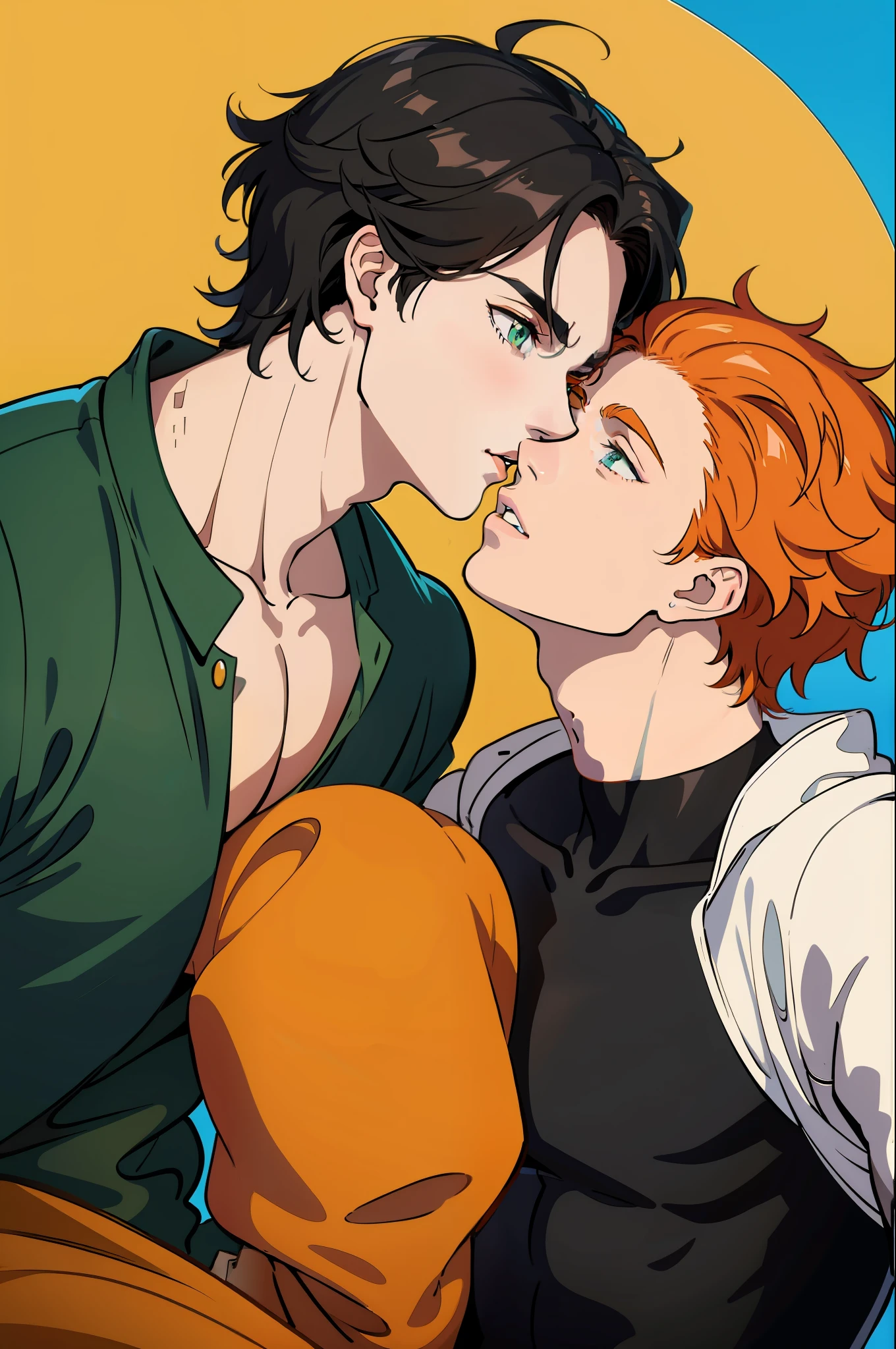 Two men, gay, one muscular and brunette, black hair. The other man orange hair and eyes green, kissing, party, anime, tall men, adults