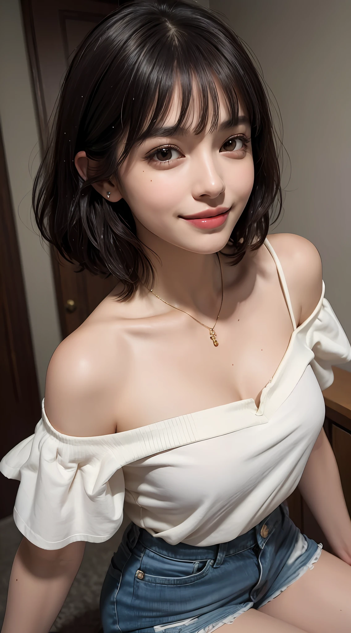 (top quality, 8k, masterpiece: 1.3), pretty woman with perfect figure: 1.4, dark brown hair, big, wearing pendants, torn shorts, sleeping in bedroom, very detailed face and skin, detailed eyes, double eyelids, top quality, masterpiece, (photorealistic: 1.4), one woman, golden ratio, high angle shot, upper eye care, low angle shot, perfect face, beautiful figure, cute face, face close-up, zoom in on face, short bob, short hair, smile from different angles, smile, gloss, highlight, gloss, glossy on skin, glossy on skin, wet skin, wet, bangs, cute smile, bust, off-shoulder, refreshing charm, elegant, perfect hands, smile from angle, smile, shiny, highlight, glossy skin, bangs, bust, big, Warm off-shoulder, refreshing charm, ears out, gaze to the camera, poses at different angles