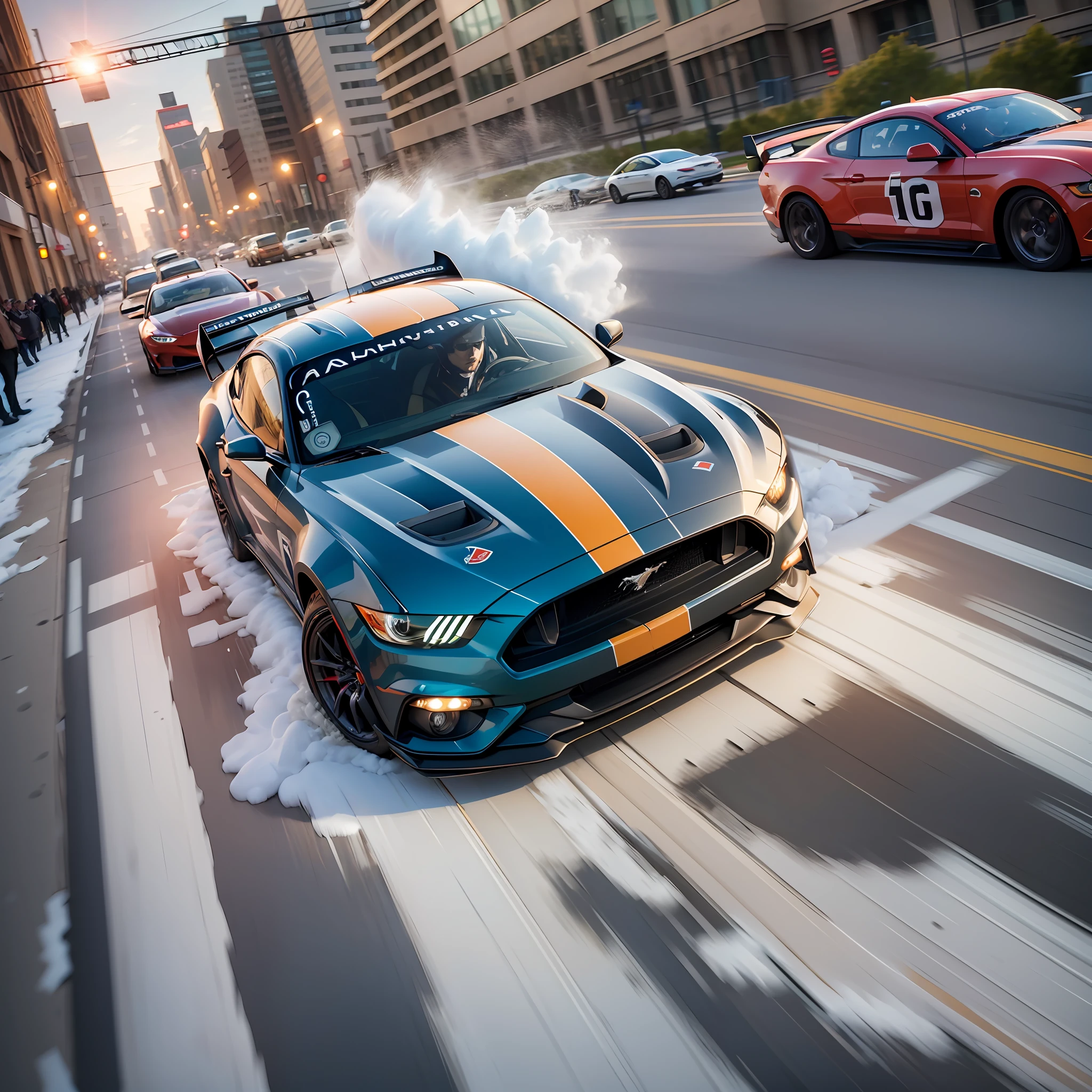 2024 mustang car racing, image capturing the dynamic and implied movement, motion blur, intense, action scenes, dynamic action, dynamic motion, captured by Phantom High-Speed Camera, Neil Leifer, Walter Iooss Jr., Elsa Garrison, cinematic lighting, oscar winner film, intricate details of the car, oscar winner VFX, hyper-realistic, clean sharp focus, cinematic color grading, film grain --ar 16:9 --v 5.1 --auto --s2