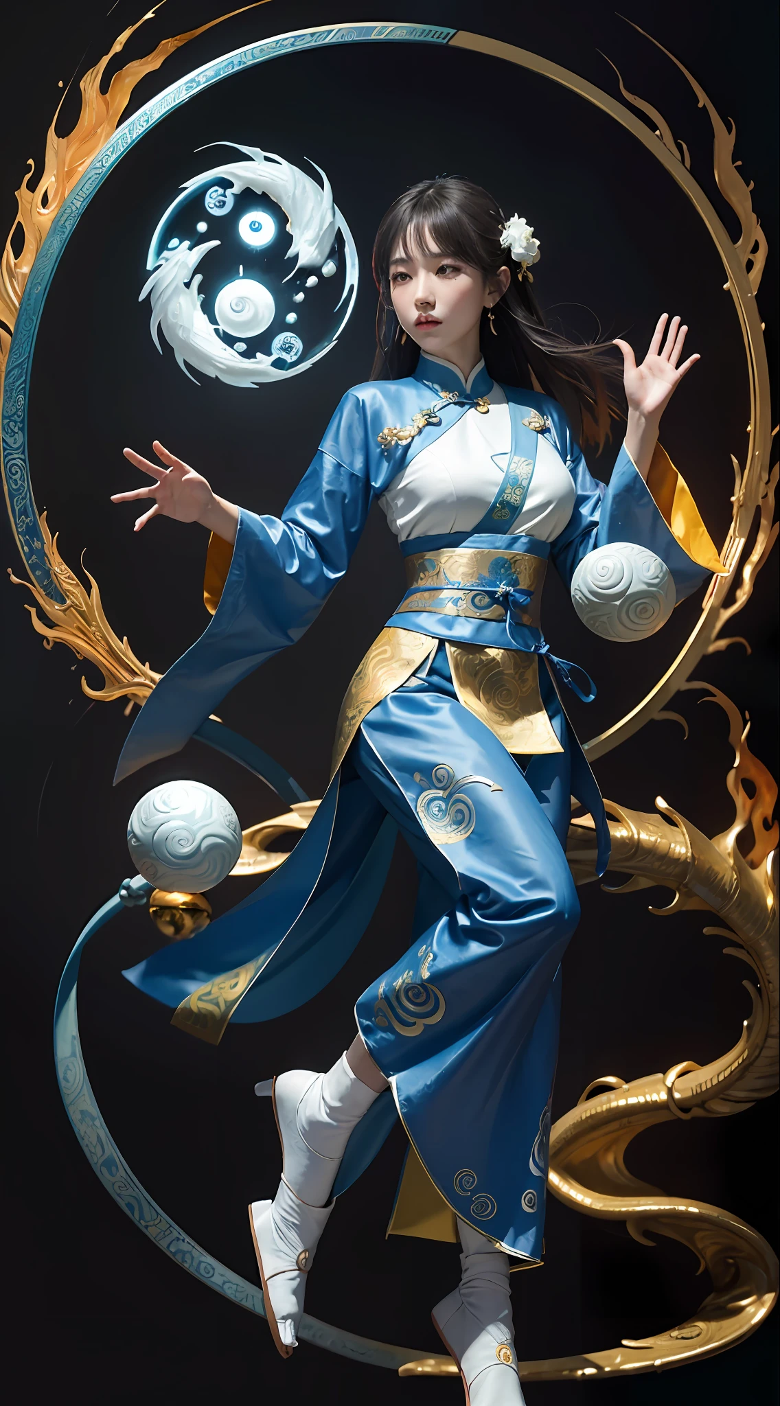 (harmony, balance, yin-yang), Chinese silk painting, Tai Chi principles, fluid motion, interconnected elements, the interplay of contrasting forces, Daoist philosophy, a touch of the I Ching, warm and cool color palette, reflective art, inspired by Laozi, Zhuangzi, Yin Yang diagrams, Taijitu, the Bagua, the fusion of the spiritual and the physical,1girl,solo, grabbing breasts,, daoist, summon magic, cinematic lighting, fire and ice split, bagua background, circular bagua, yi yang, daoist practice, mediation sit, buddha sit, spiral loong, cloud loong at the top,