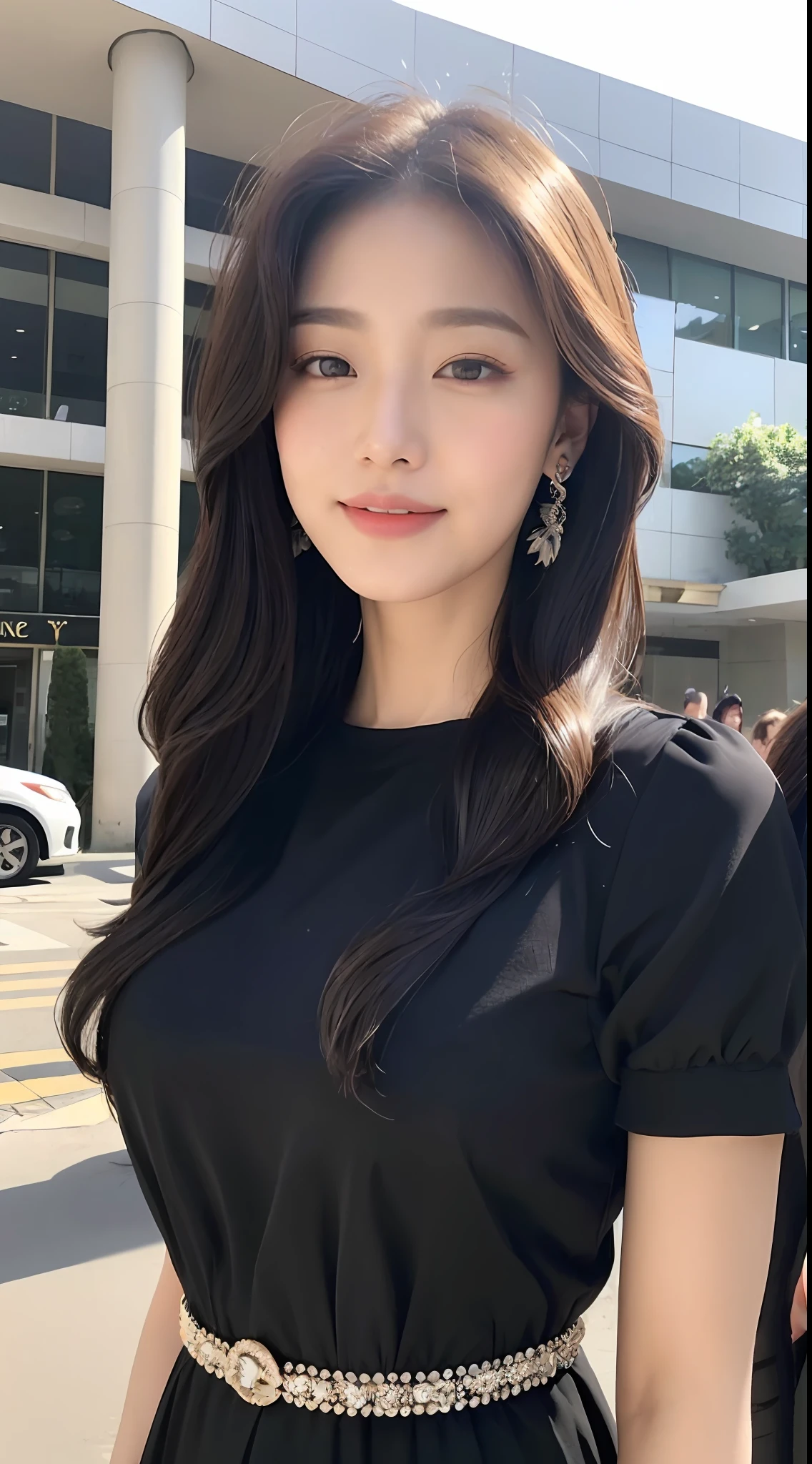 (1 Korean star with royal sister style), ((best quality, 8k, masterpiece: 1.3)), focus: 1.2, perfect body beauty: 1.4 , (smile), (Street: 1.3), highly detailed face and skin texture, fine eyes, double eyelids, whitened skin, (big wave hairstyle: 1.3), (round face: 1.5), (classic long dress: 1.4),
