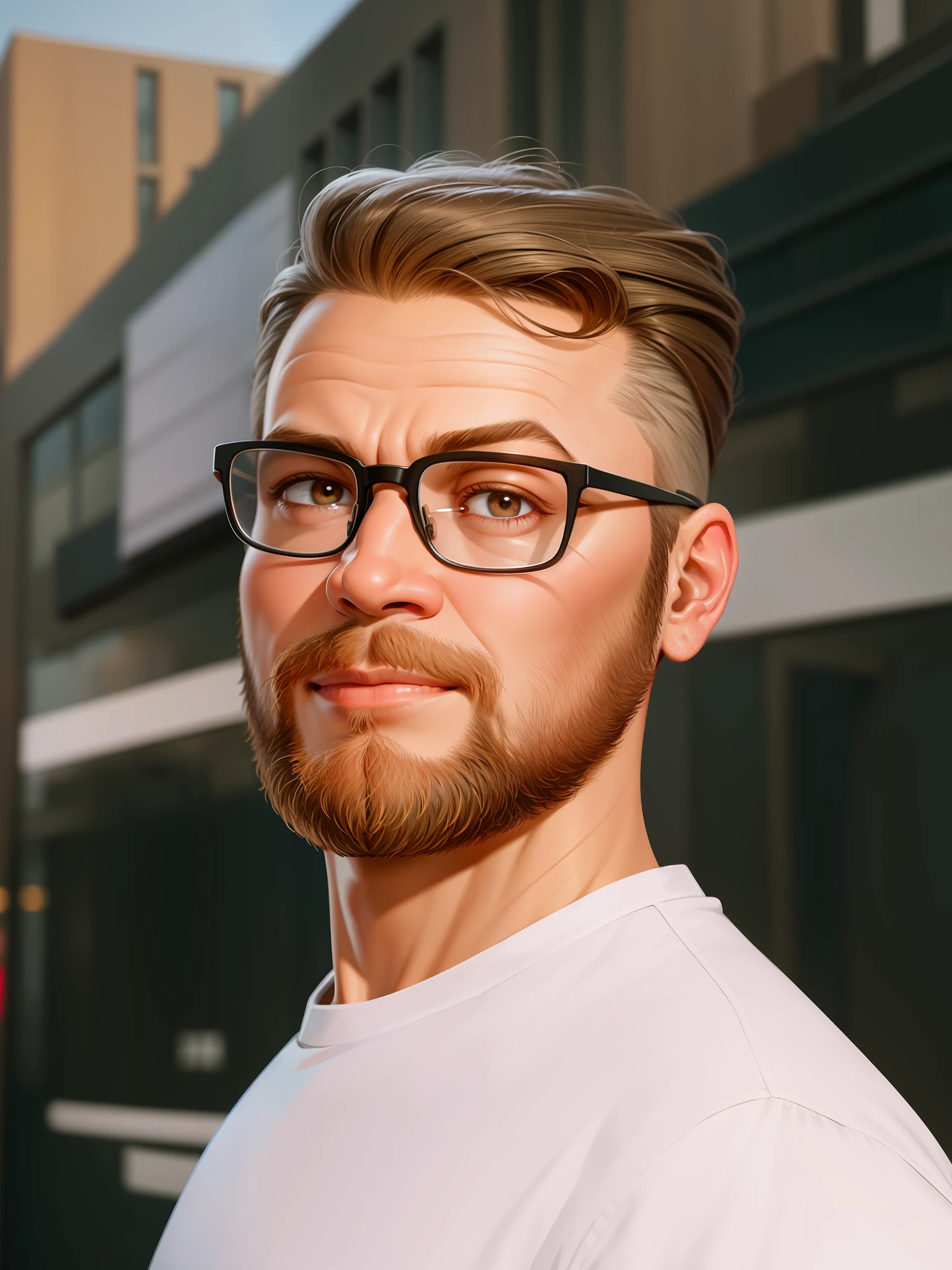 HD, (best detail) (best quality), detailed facial features, with a man with glasses and a beard standing in front of the building, cartoon