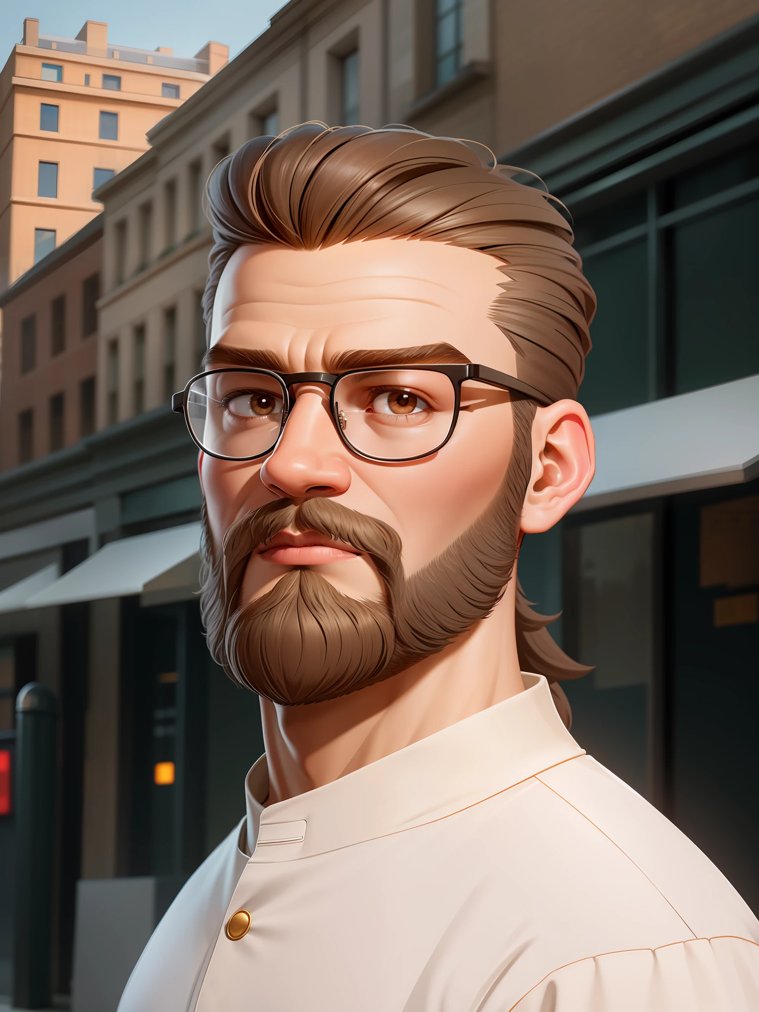 HD, (best detail) (best quality), detailed facial features, with a man with glasses and a beard standing in front of the building, cartoon