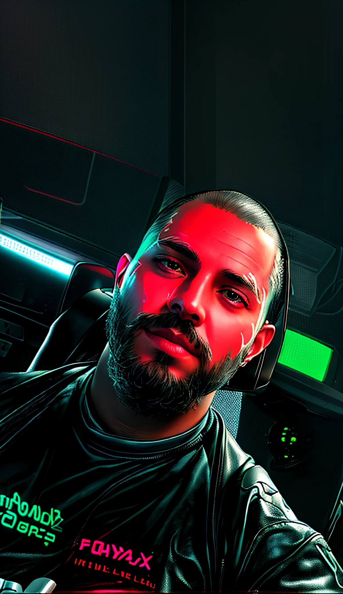 There is a man sitting in a gaming chair, behind a various computers, cyberpunk style, ultra realistic painting Highly detailed face painting Cinematic lighting 8K low angle shallow depth of field trend in central zbrush Hard Surface Modeling Unreal Engine 5 Lumen Global Illumination Ray Tracing HDR Chrome Geiger Design Sketch Illustration vivid colors of
