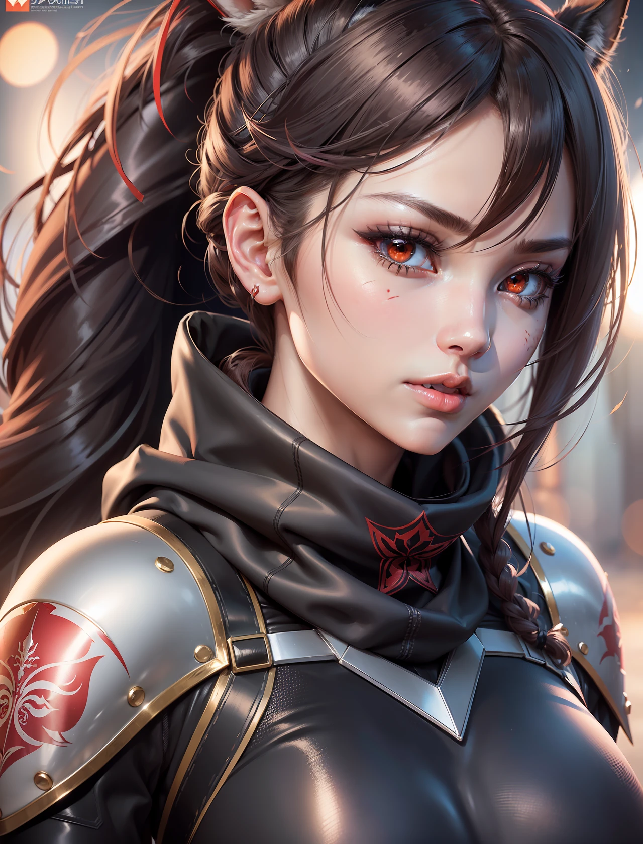 ((Face to the Waist)) Beauty anime girl /// (Character) wearing detailed combat body suit with scarf, upperbody shots, detailed skin, face sharp focus, detailed red eyes and pupils, detailed hair ((horse tails)), intricate details and sharp, masterpiece, global illumination, real shadow, bokeh, best quality, photorealistic, realistic, 8k, red lips